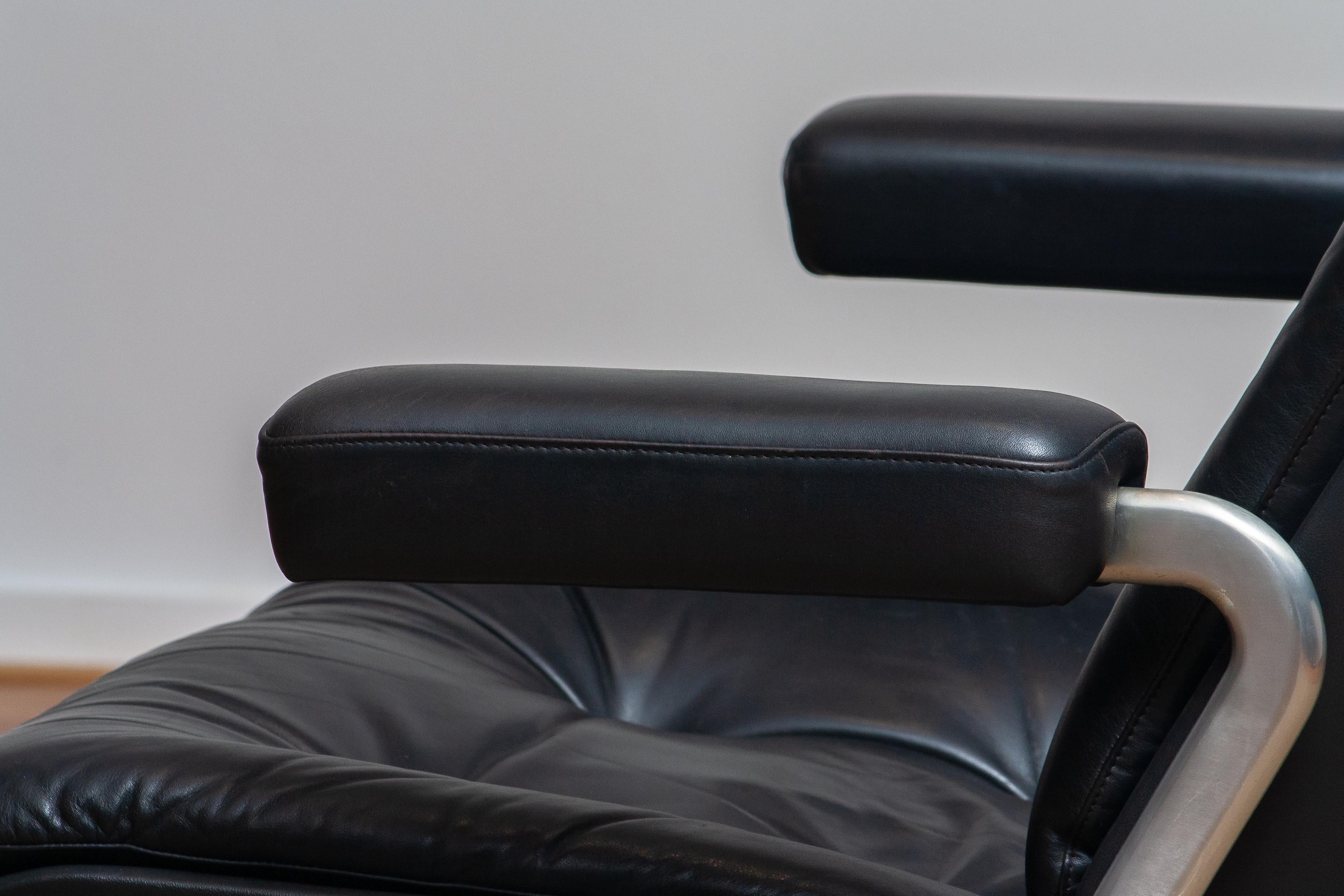 Aluminum 1960s, Black Leather Swivel Chair by Martin Stoll for Giroflex Stoll Mdl, 7065