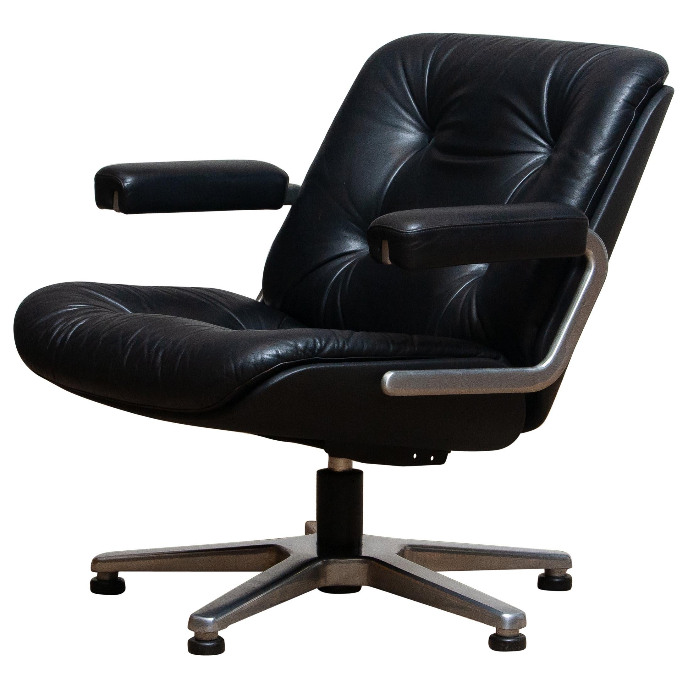 1960s, Black Leather Swivel Chair by Martin Stoll for Giroflex Stoll Mdl, 7065