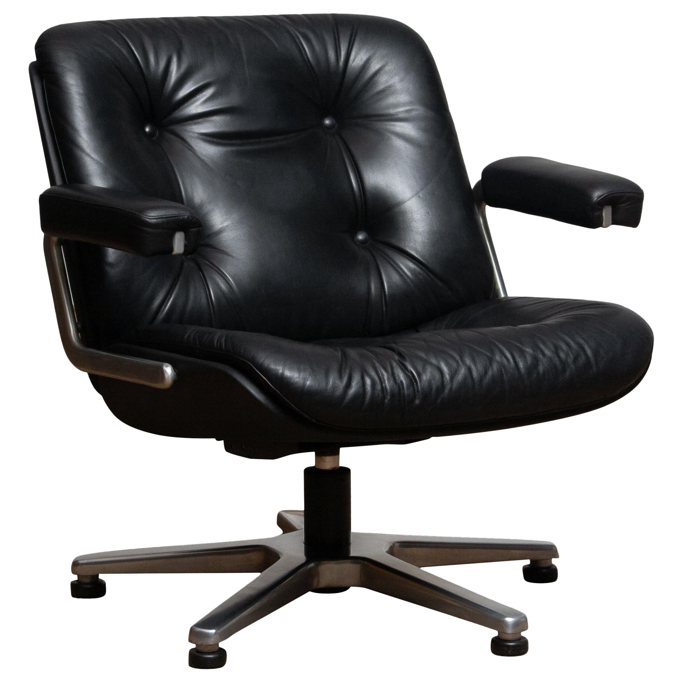 1960s, Black Leather Swivel Chair by Martin Stoll for Giroflex Stoll