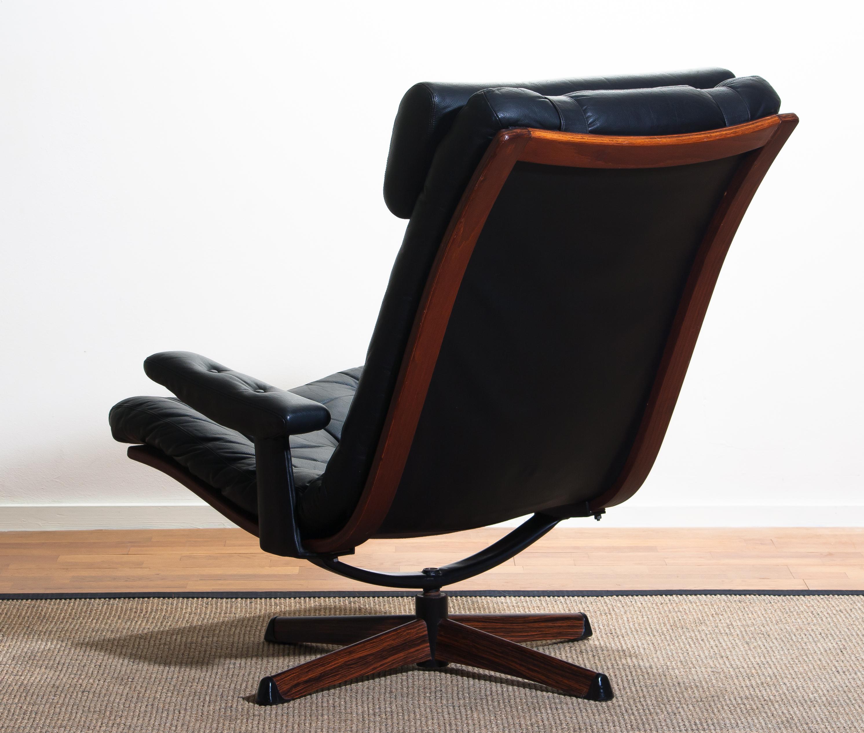 1960s, Black Leather Swivel Chair with Jakaranda Stand by Gote Design Nassjo 3