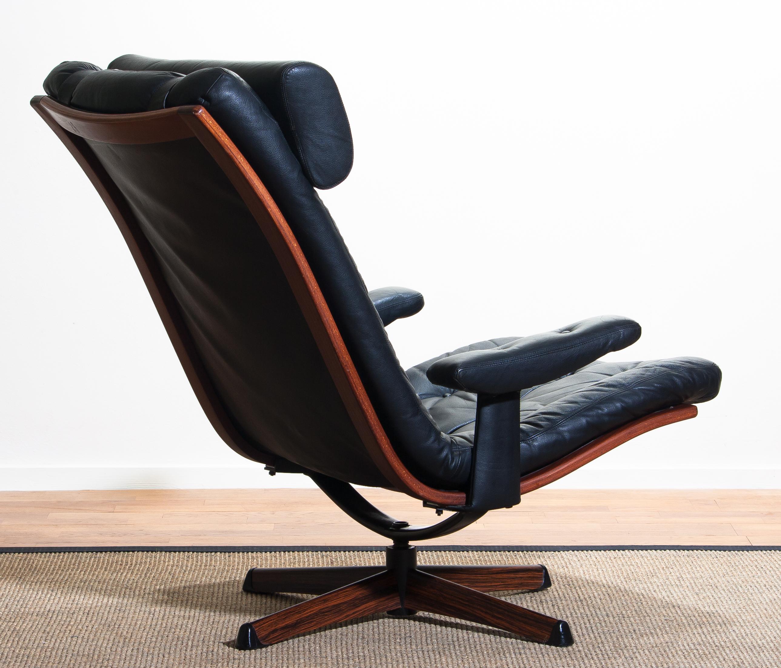 1960s, Black Leather Swivel Chair with Jakaranda Stand by Gote Design Nassjo 5
