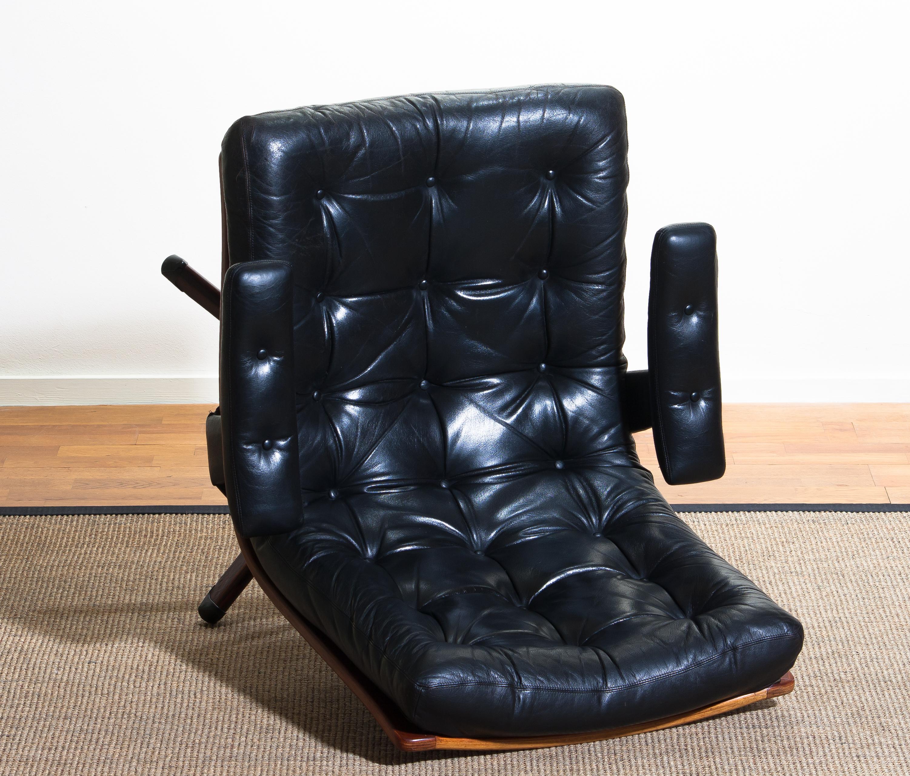 1960s, Black Leather Swivel Chair with Jakaranda Stand by Gote Design Nassjo 6