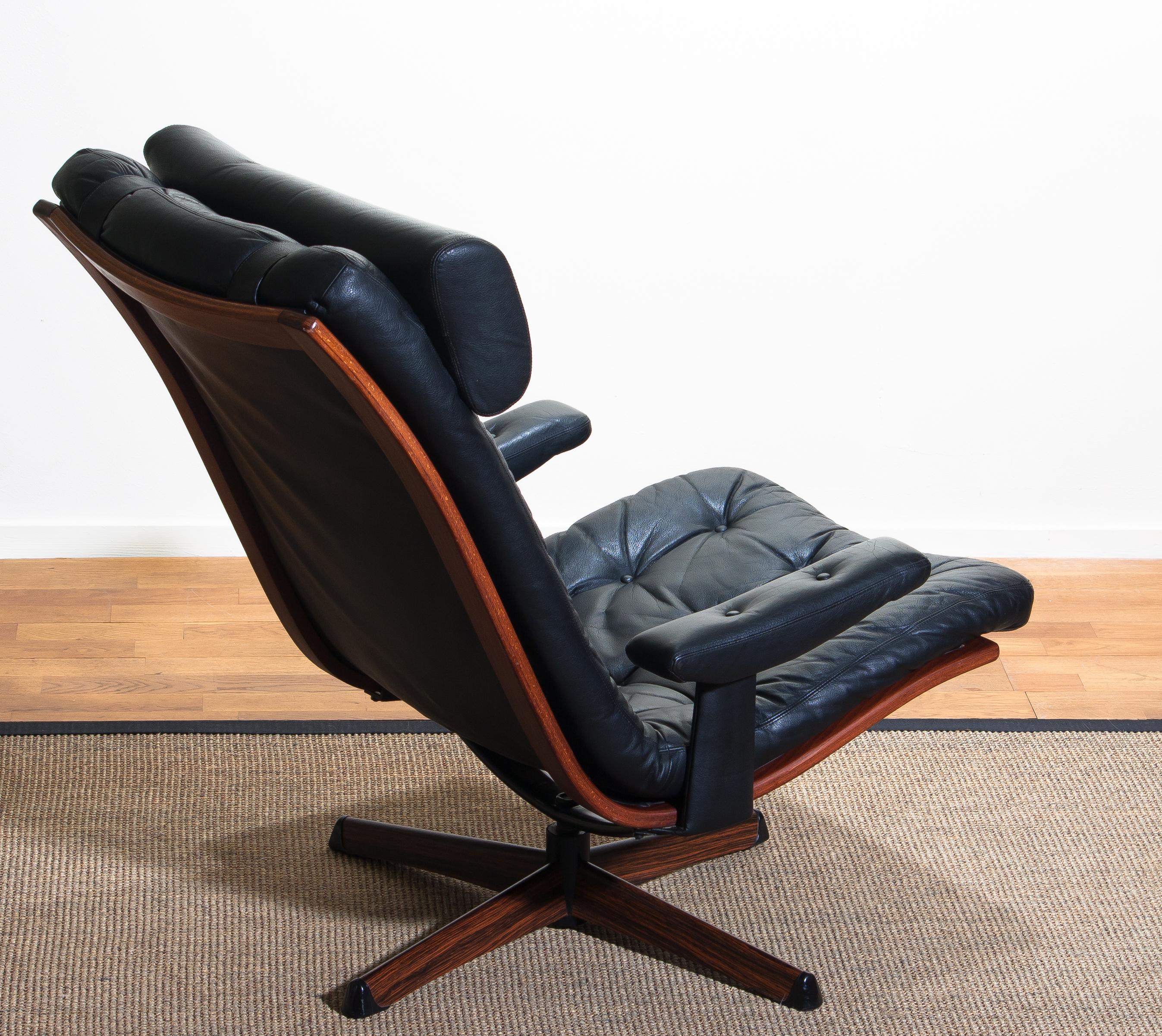 1960s, Black Leather Swivel Chair with Jakaranda Stand by Gote Design Nassjo 6