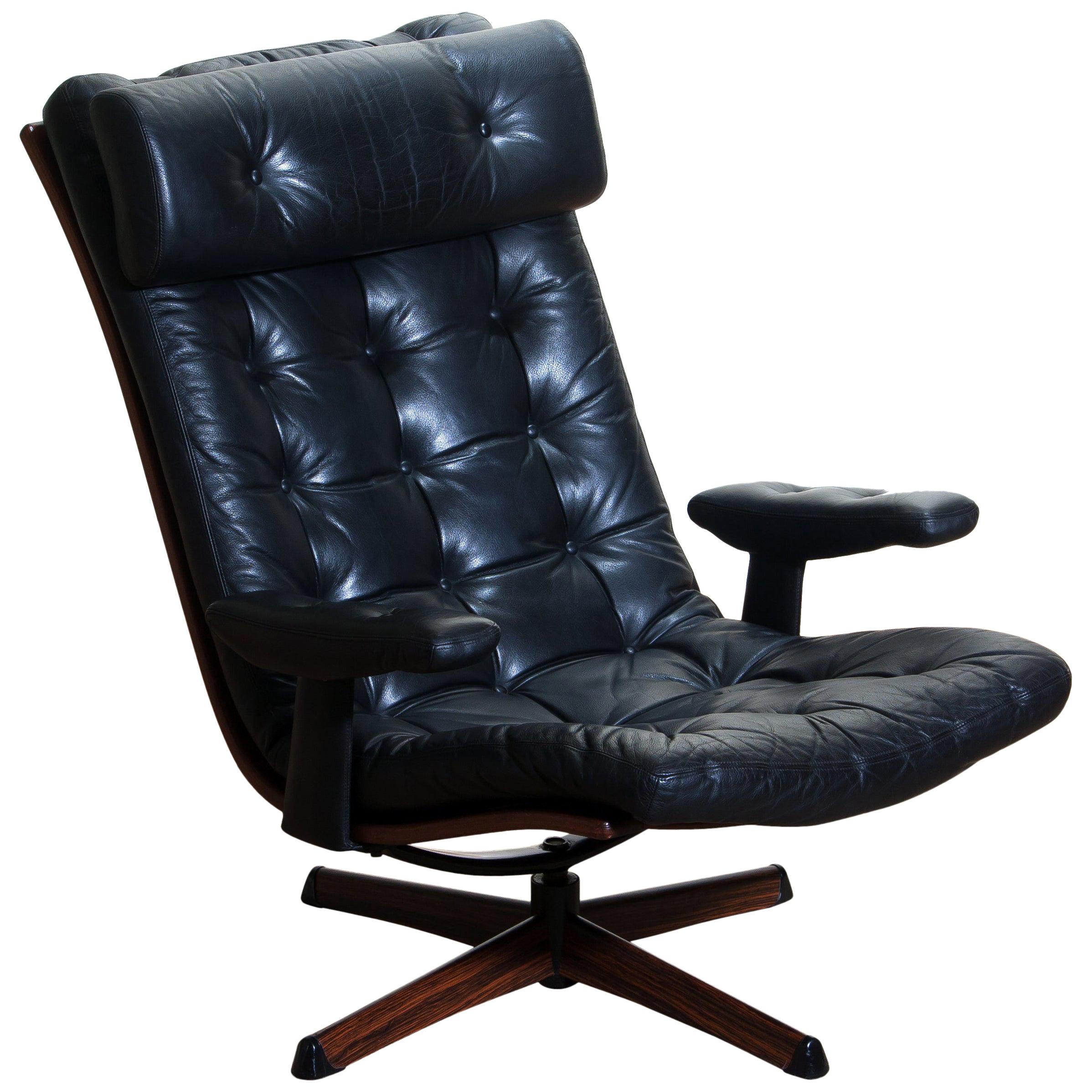 Swedish 1960s, Black Leather Swivel Chair with Jakaranda Stand by Gote Design Nassjo
