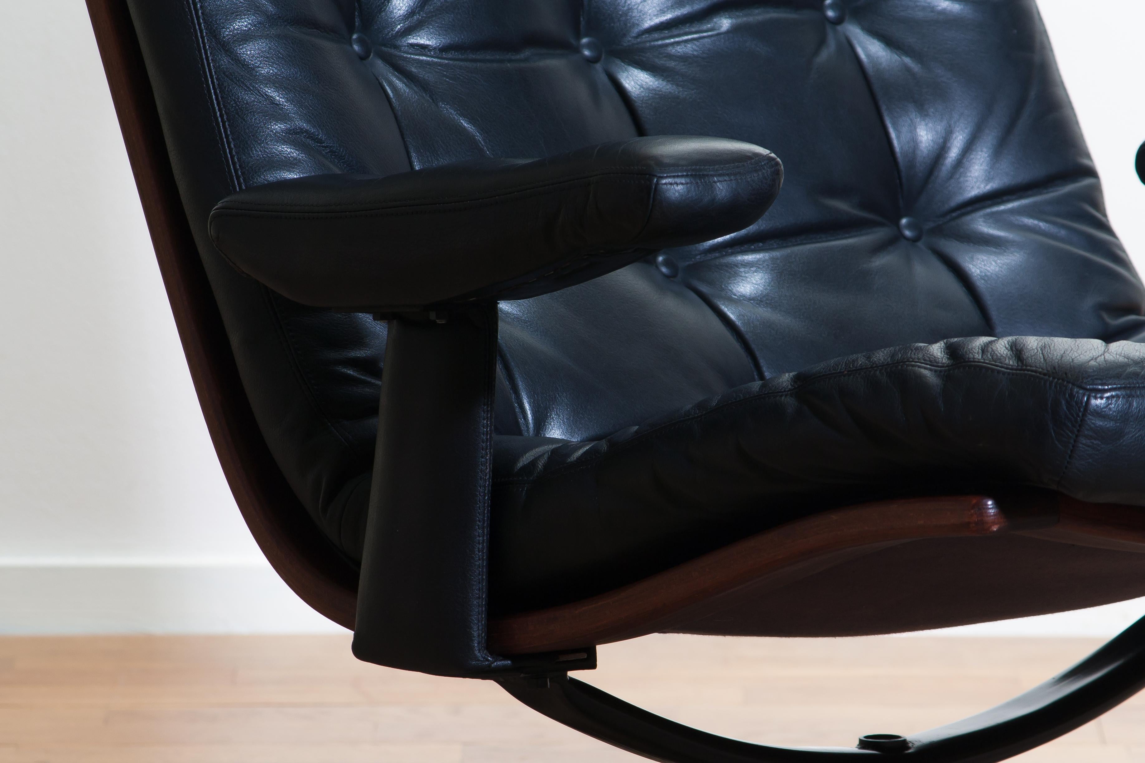 Plywood 1960s, Black Leather Swivel Chair with Jakaranda Stand by Gote Design Nassjo