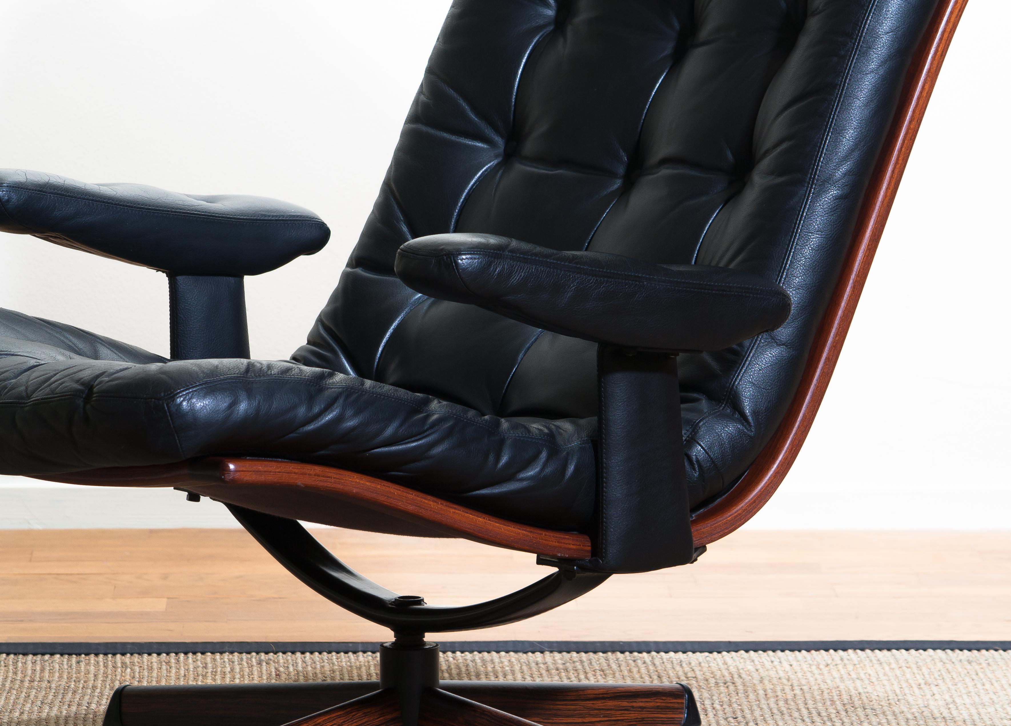 1960s, Black Leather Swivel Chair with Jakaranda Stand by Gote Design Nassjo 1