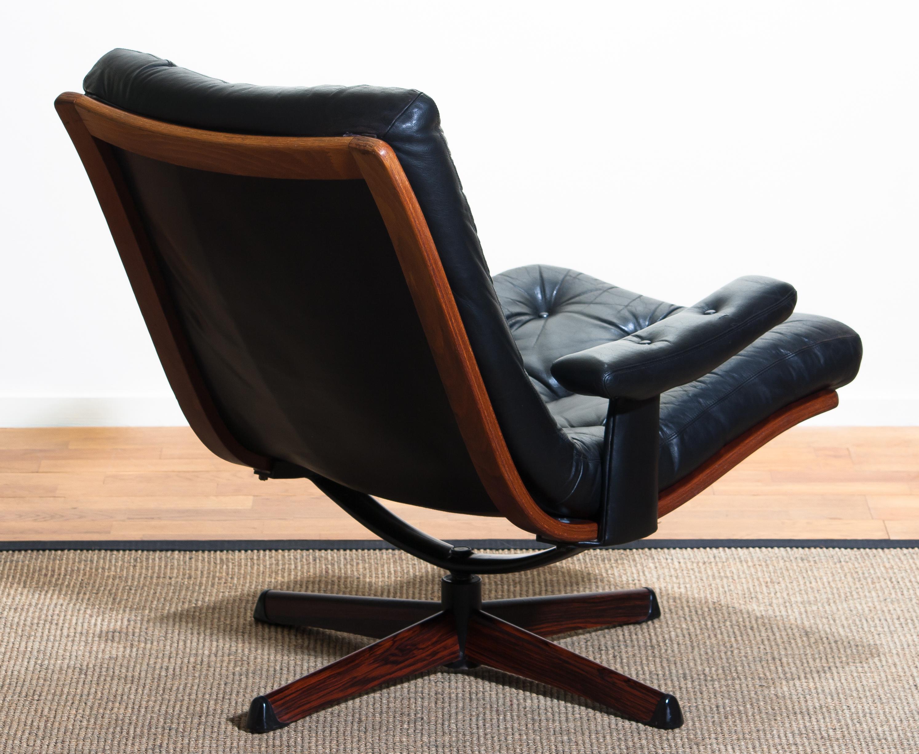 1960s, Black Leather Swivel Chair with Jakaranda Stand by Gote Design Nassjo 2