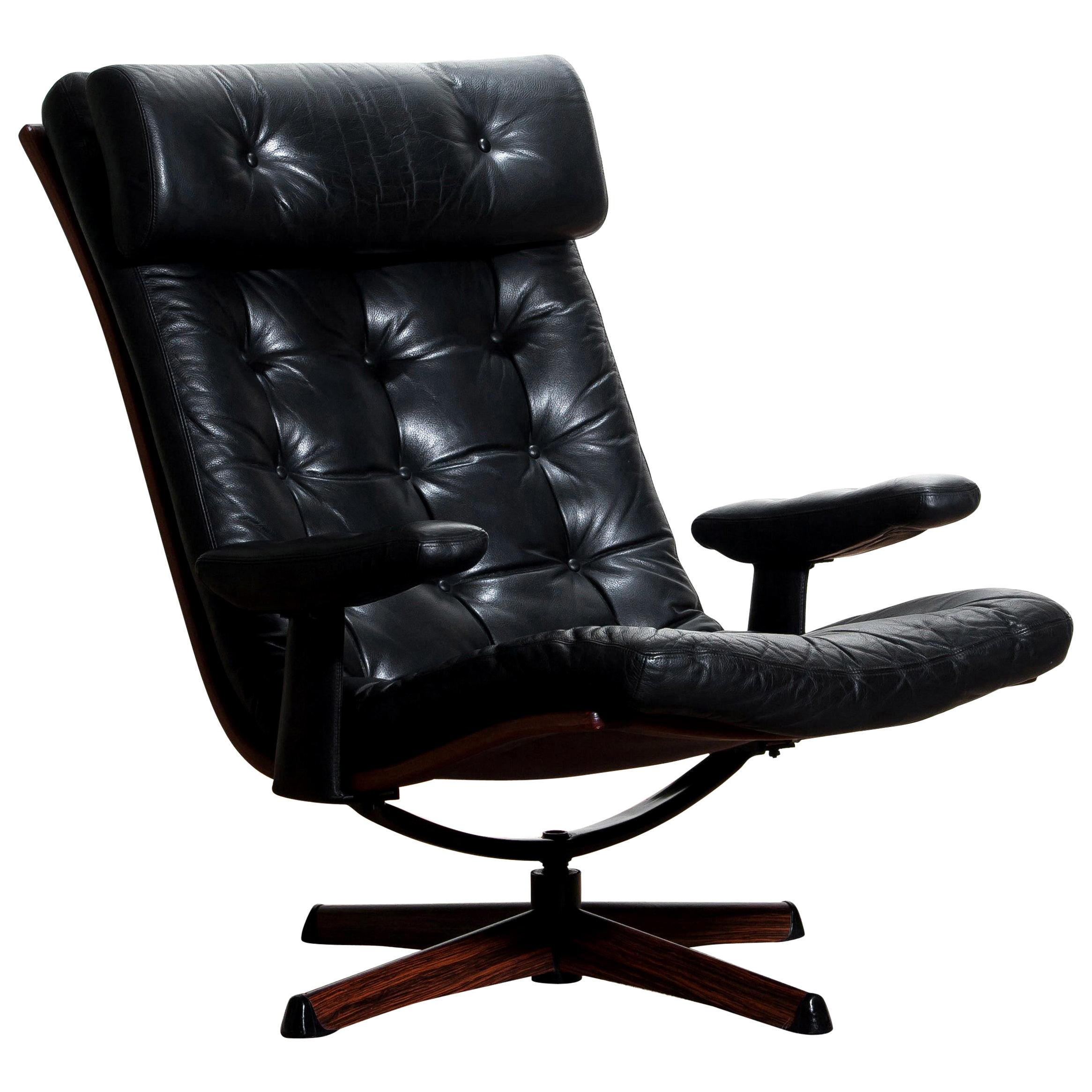 1960s, Black Leather Swivel Chair with Jakaranda Stand by Gote Design Nassjo