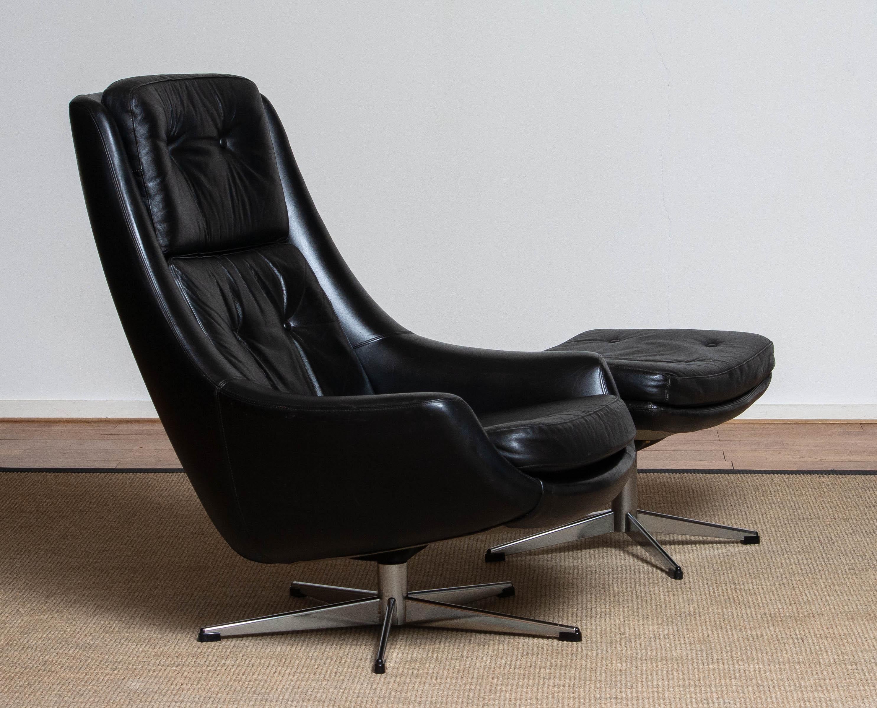 1960s Black Leather Swivel Chair with Matching Ottoman by H.W. Klein for Bramin 1