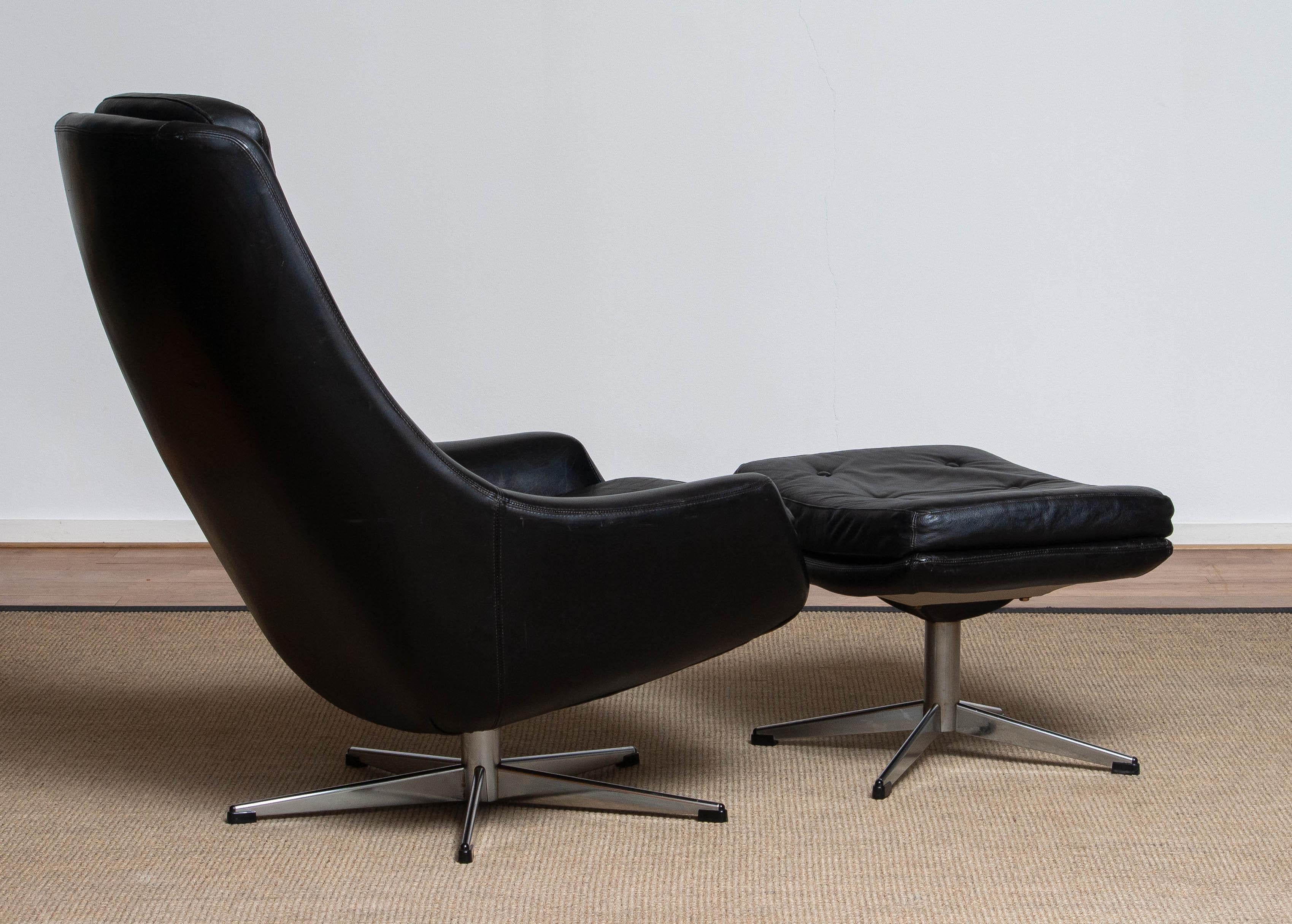 1960s Black Leather Swivel Chair with Matching Ottoman by H.W. Klein for Bramin 2