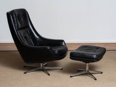 1960s Black Leather Swivel Chair with Matching Ottoman by H.W. Klein for Bramin