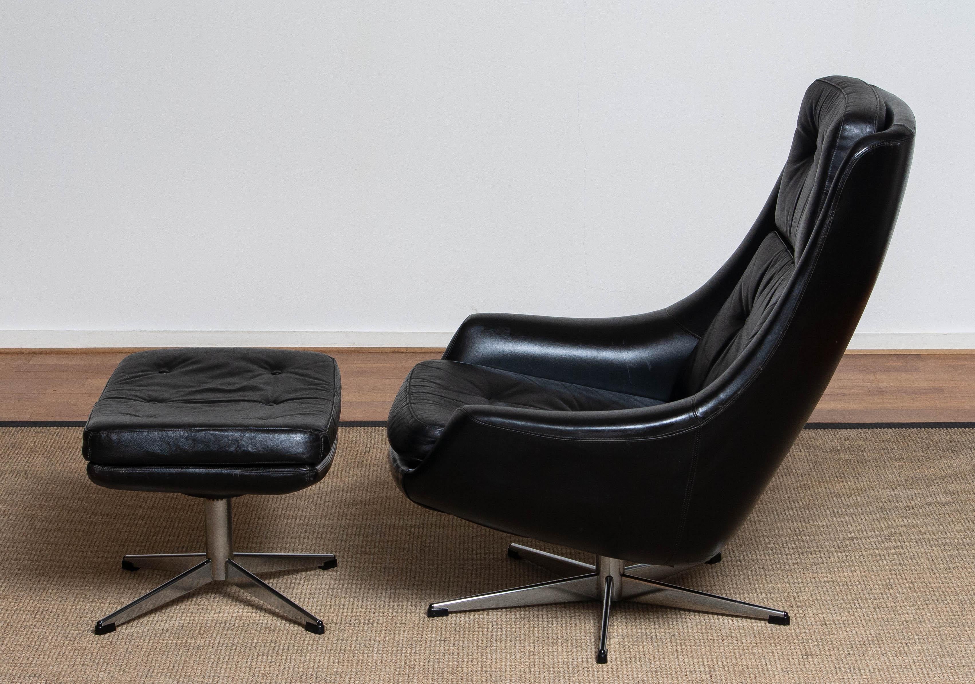 Danish 1960s Black Leather Swivel Chair with Matching Ottoman by H.W. Klein for Bramin