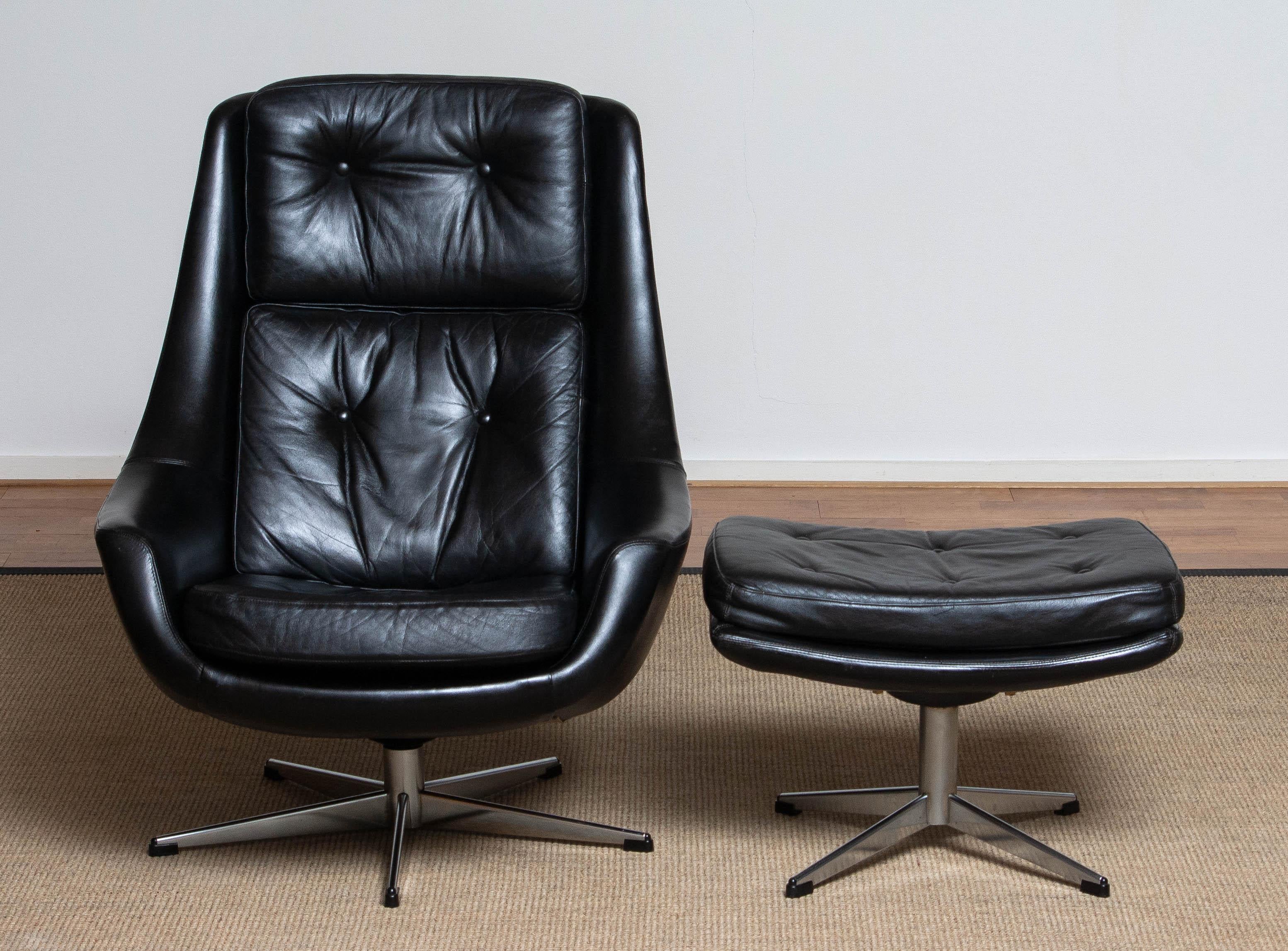 Faux Leather 1960s Black Leather Swivel Chair with Matching Ottoman by H.W. Klein for Bramin