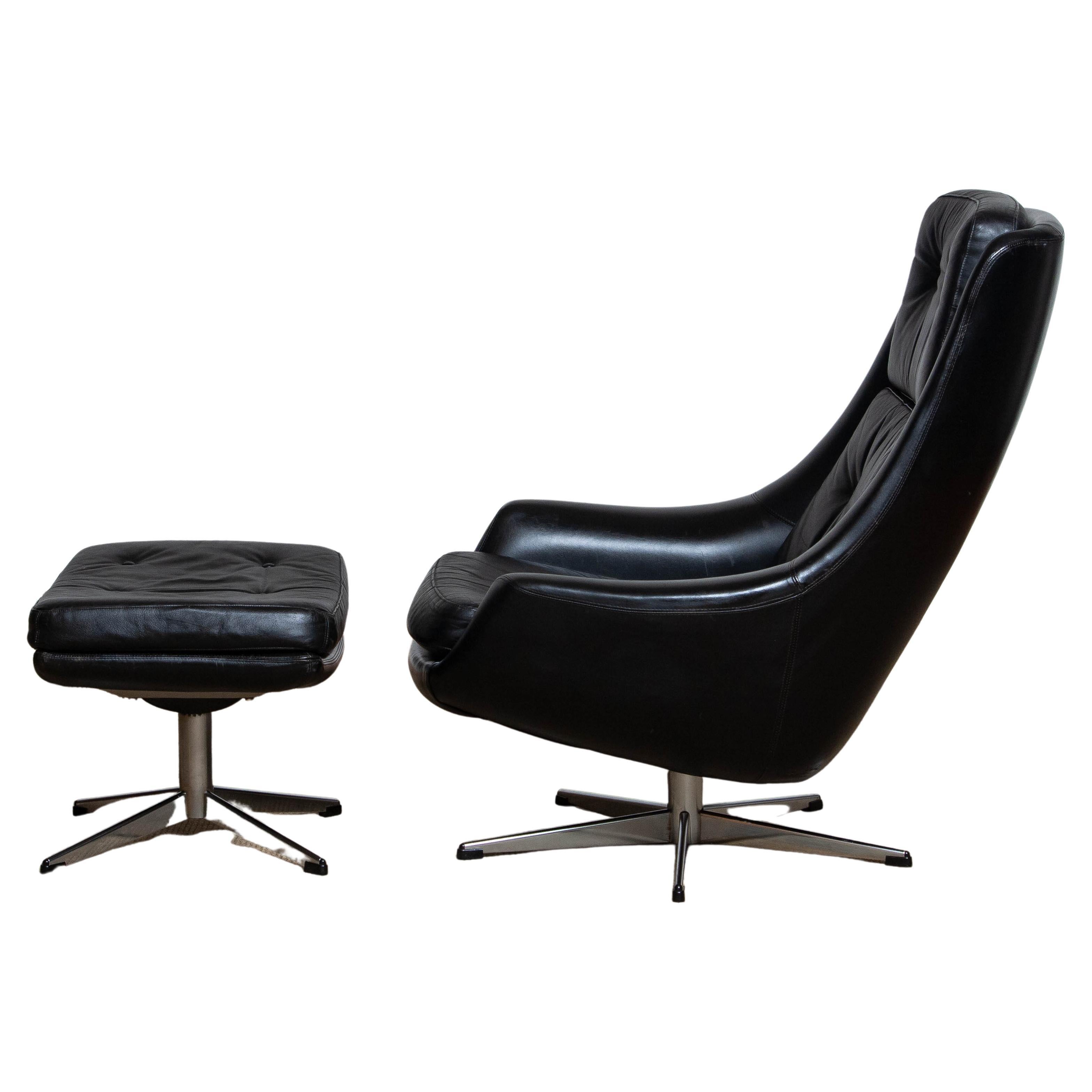 1960s Black Leather Swivel Chair with Matching Ottoman by H.W. Klein for Bramin