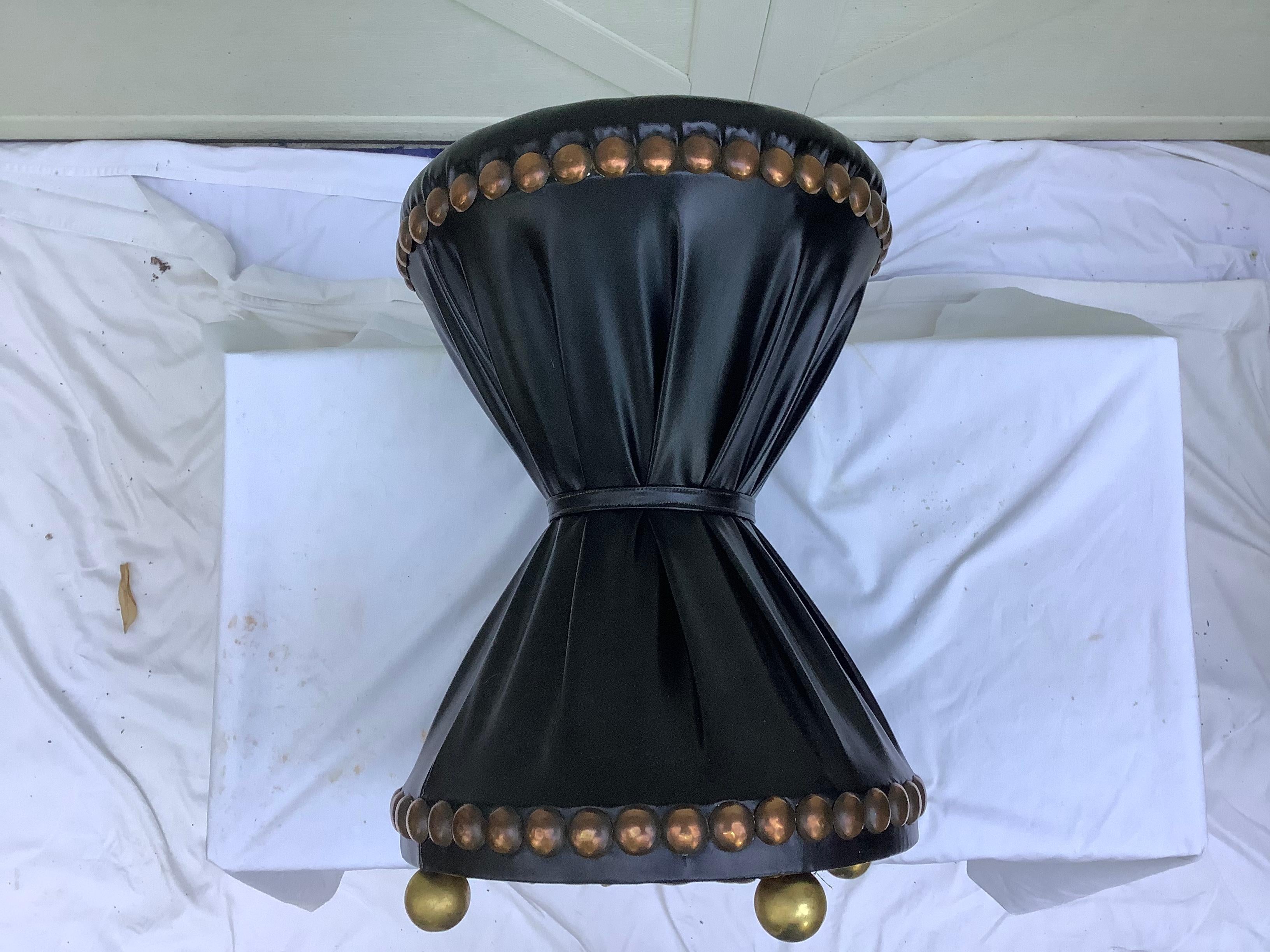 American 1960s Black Leather Tabouret with Brass Accents For Sale