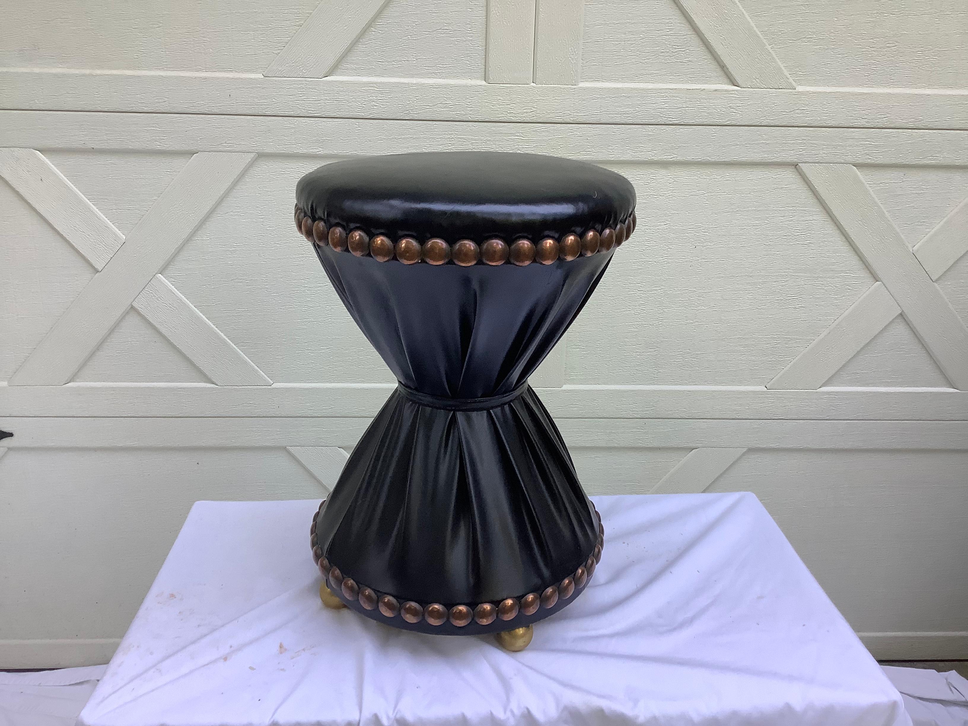 1960s Black Leather Tabouret with Brass Accents In Good Condition For Sale In Marietta, GA