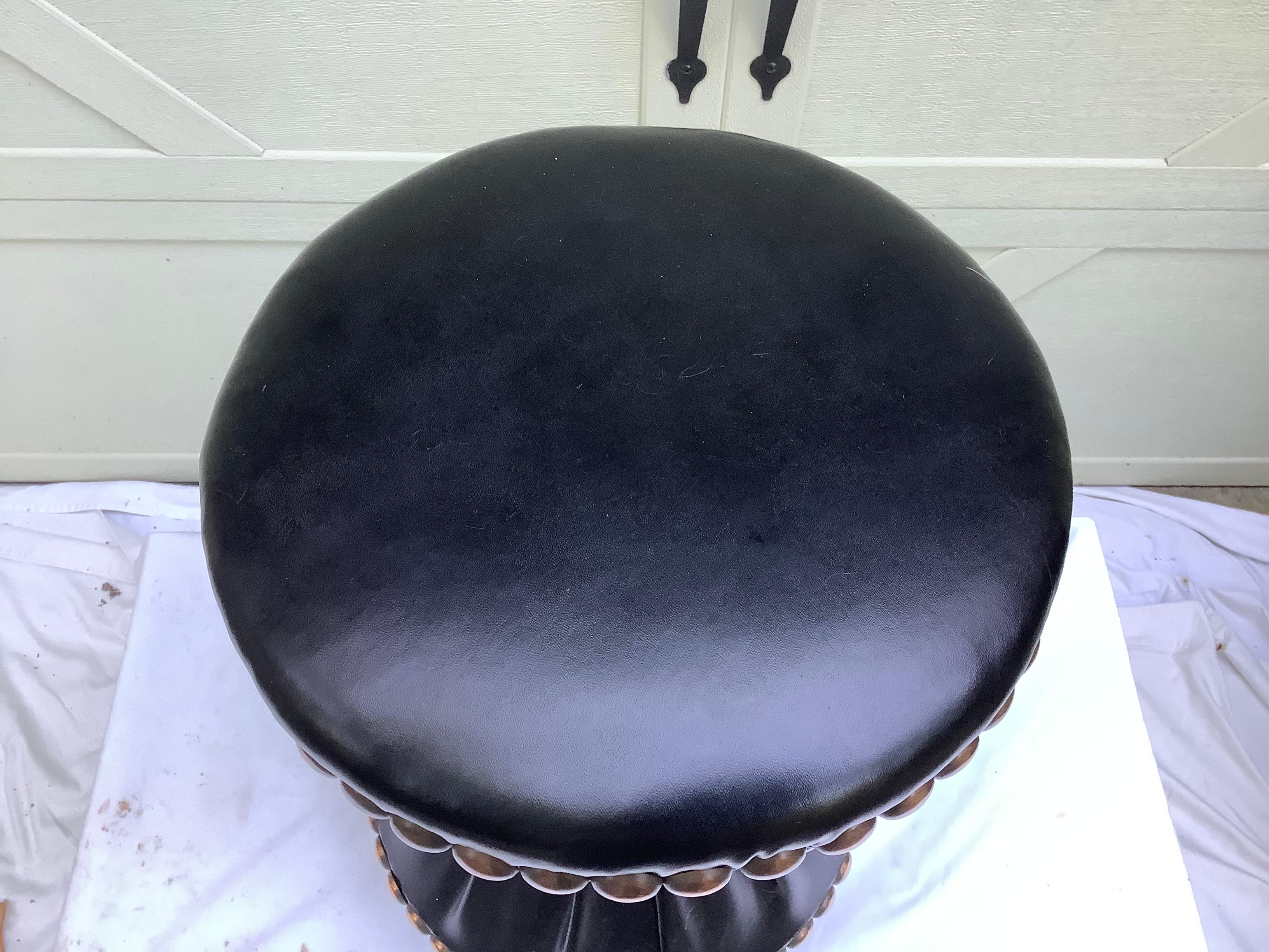 Mid-20th Century 1960s Black Leather Tabouret with Brass Accents For Sale