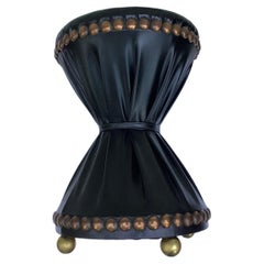 Vintage 1960s Black Leather Tabouret with Brass Accents