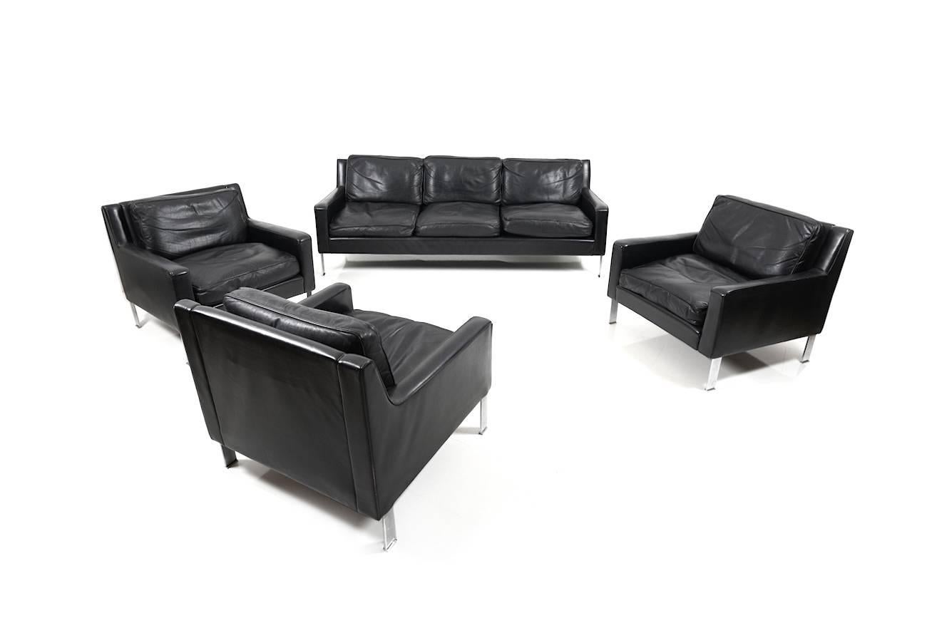 Mid-Century Modern 1960s Black Leather Tecta Moebel Seating Group 3-1-1-1 For Sale