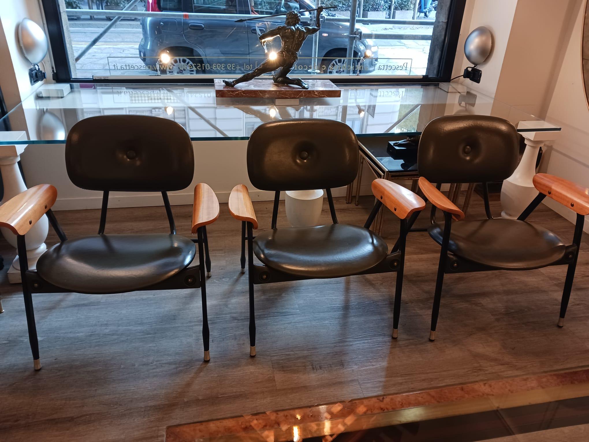 Black Leather in the Style of Marco Zanuso, circa 1960s Three Armchairs 12