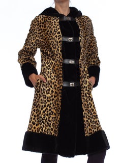 1960S Black & Leopard Rayon Blend Faux Fur Coat with Hood