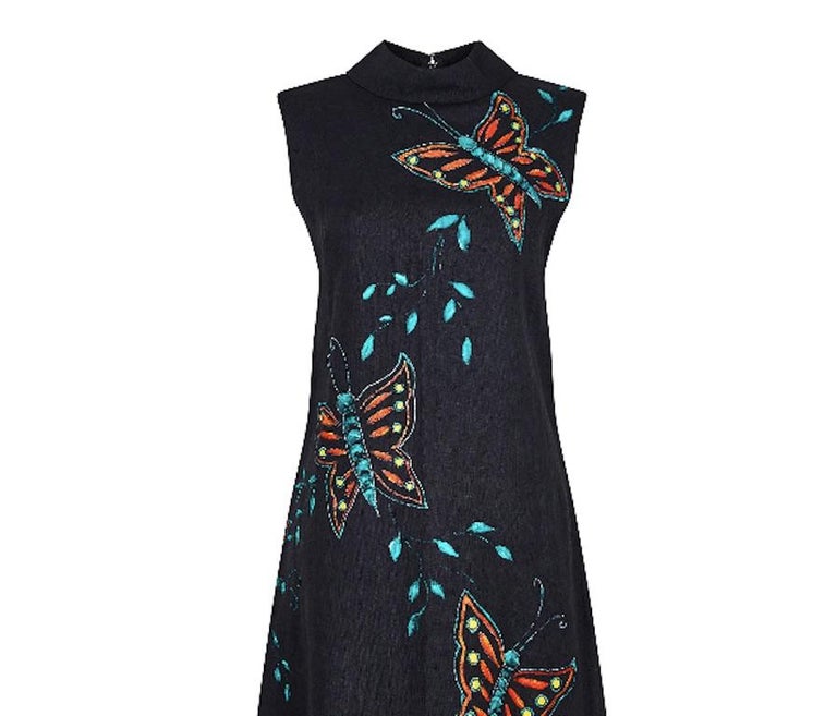 1960s Black Linen Hand Painted Butterfly Print Dress For Sale at 1stDibs