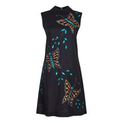 1960s Black Linen Hand Painted Butterfly Print Dress
