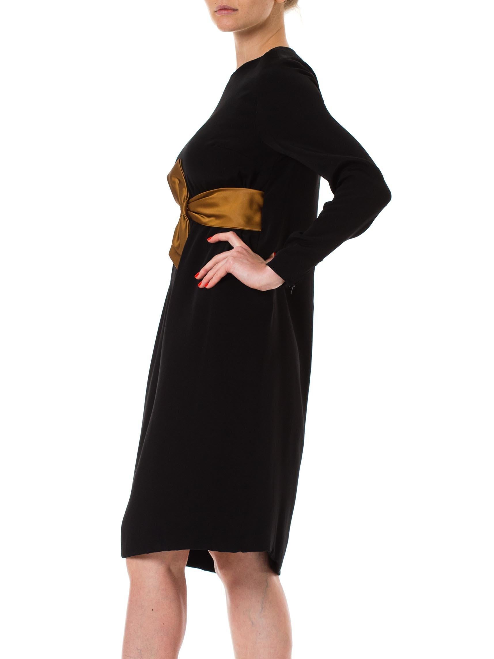 Women's 1960S Black & Gold Rayon Blend Long Sleeve Bow Waist Cocktail Dress