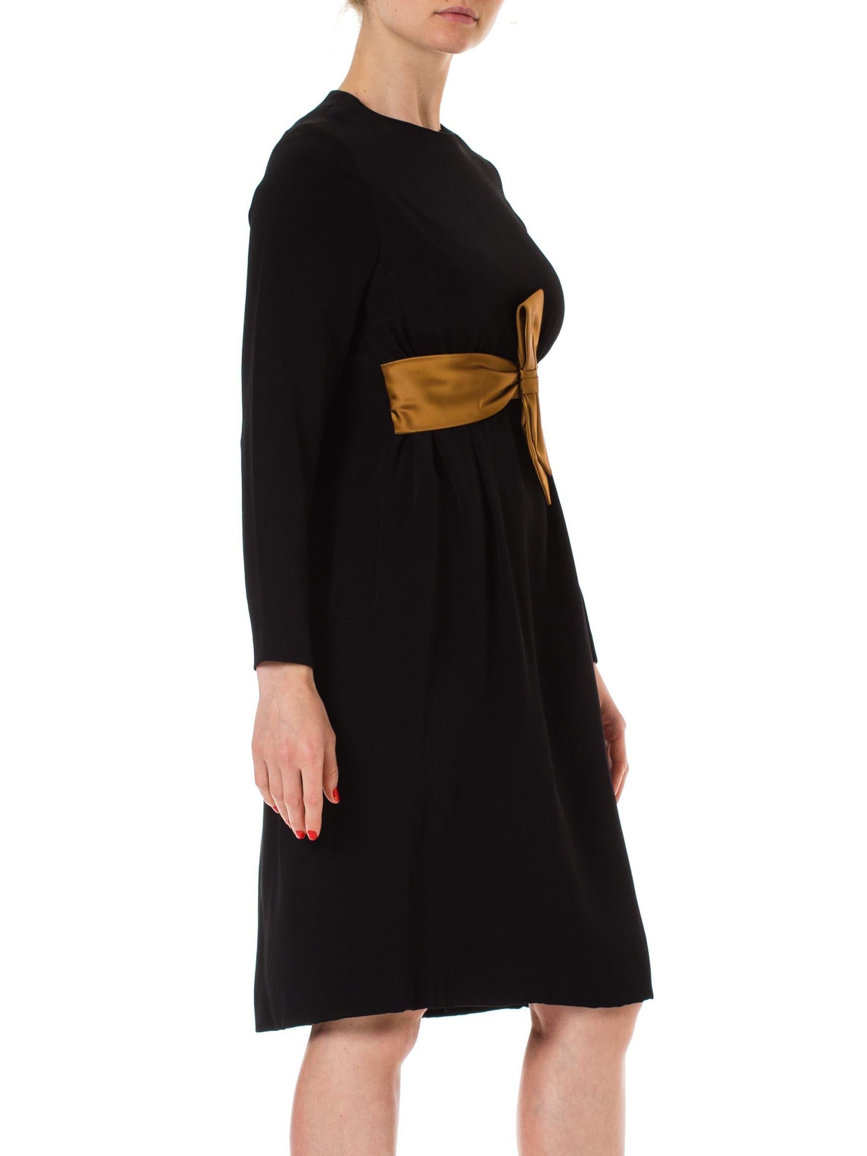 1960S Black & Gold Rayon Blend Long Sleeve Bow Waist Cocktail Dress 1