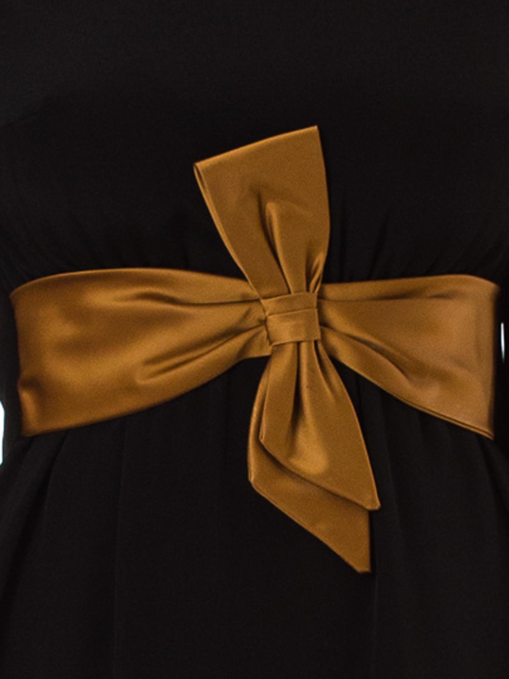1960S Black & Gold Rayon Blend Long Sleeve Bow Waist Cocktail Dress 3