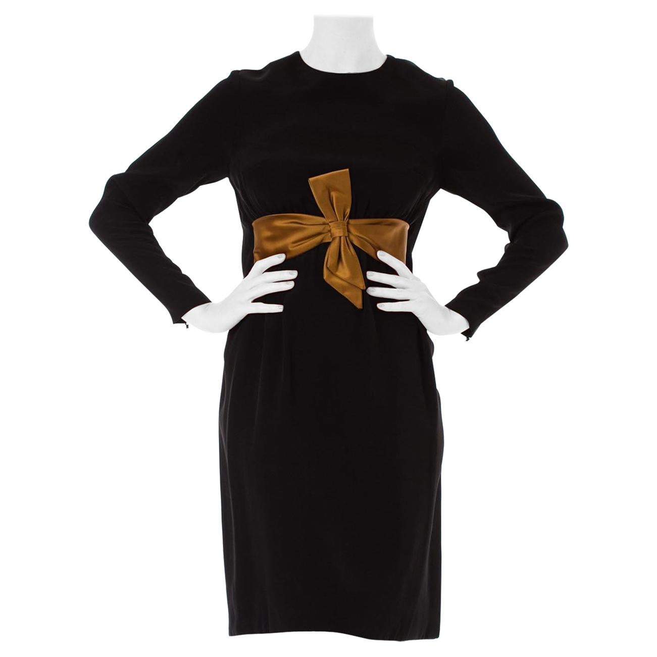 1960S Black & Gold Rayon Blend Long Sleeve Bow Waist Cocktail Dress