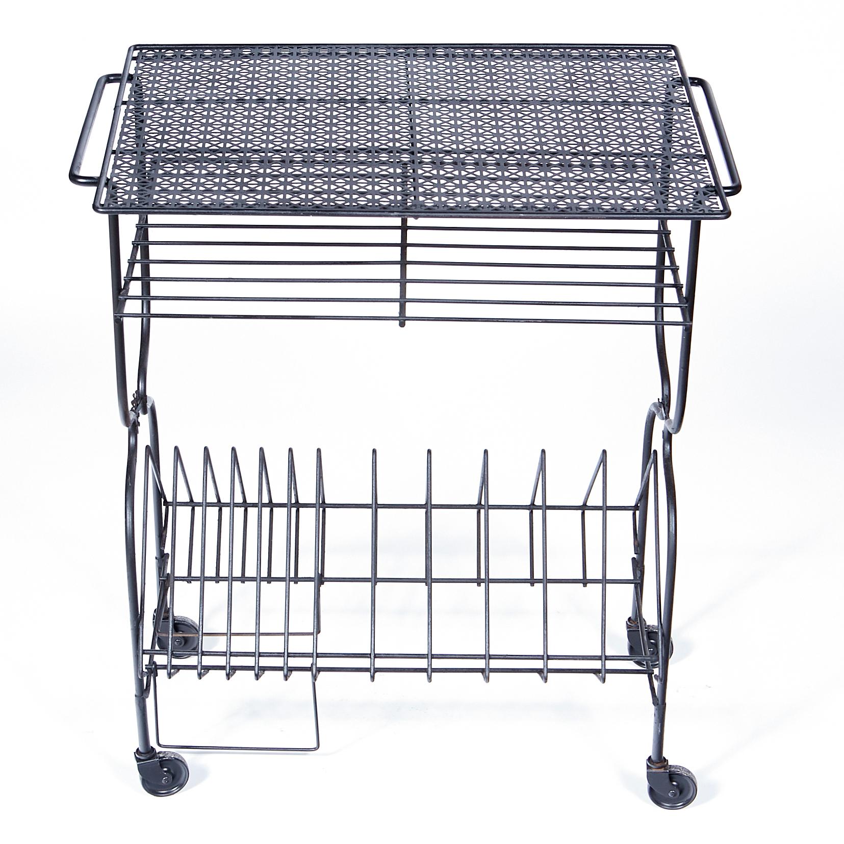 Vintage 1960s black metal rolling record cart with a two shelves for storage. No maker's mark. Newly refinished condition.