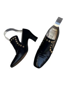 Vintage 1960s Women's Black Leather Mod Pilgrim Heels with Gold Studs