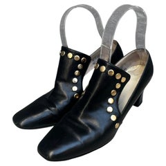 Vintage 1960s Women's Black Leather Mod Pilgrim Heels with Gold Studs