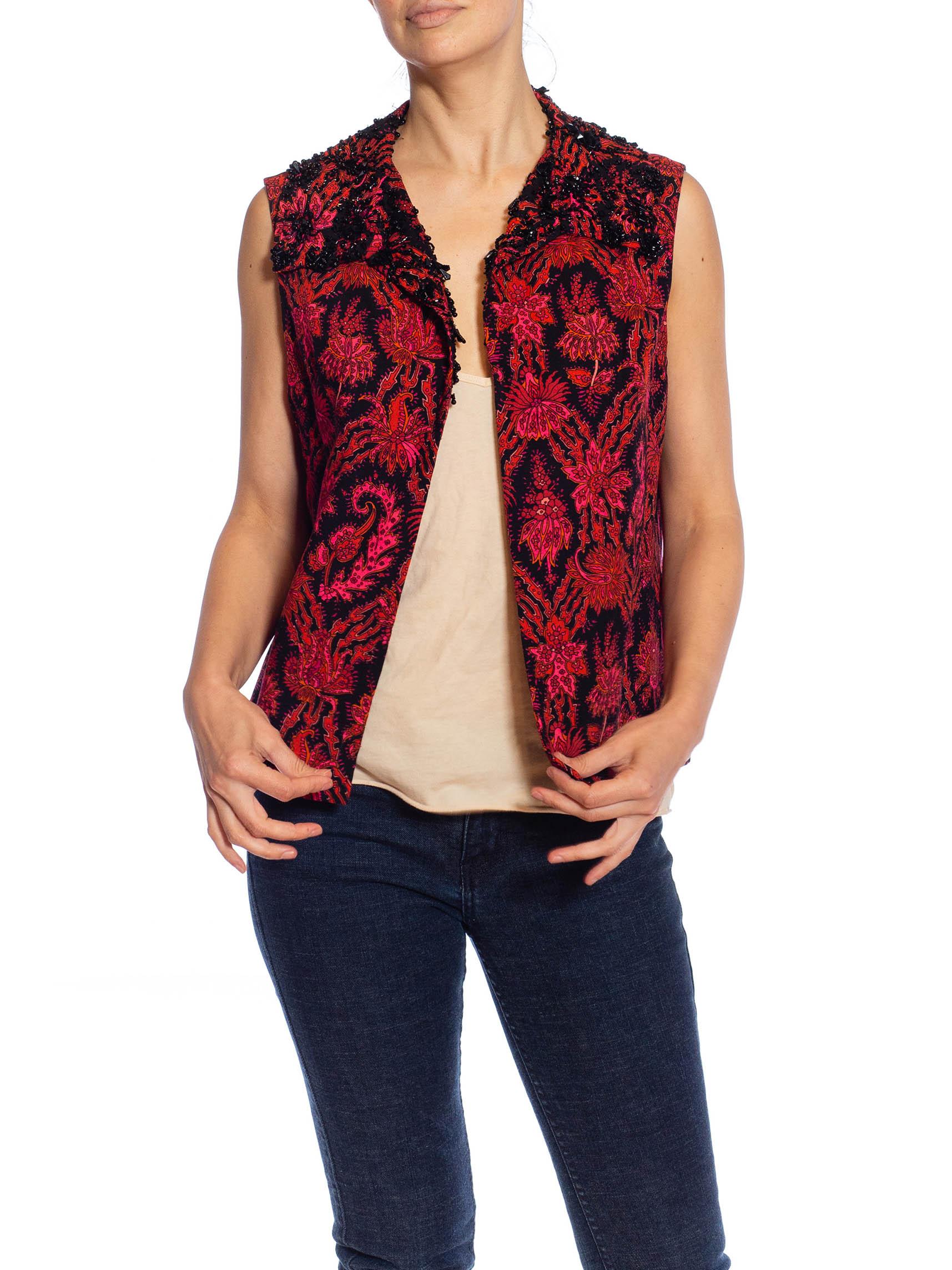 Women's 1960S Black & Pink Beaded Silk Wool Chanel Style Paisley Vest For Sale