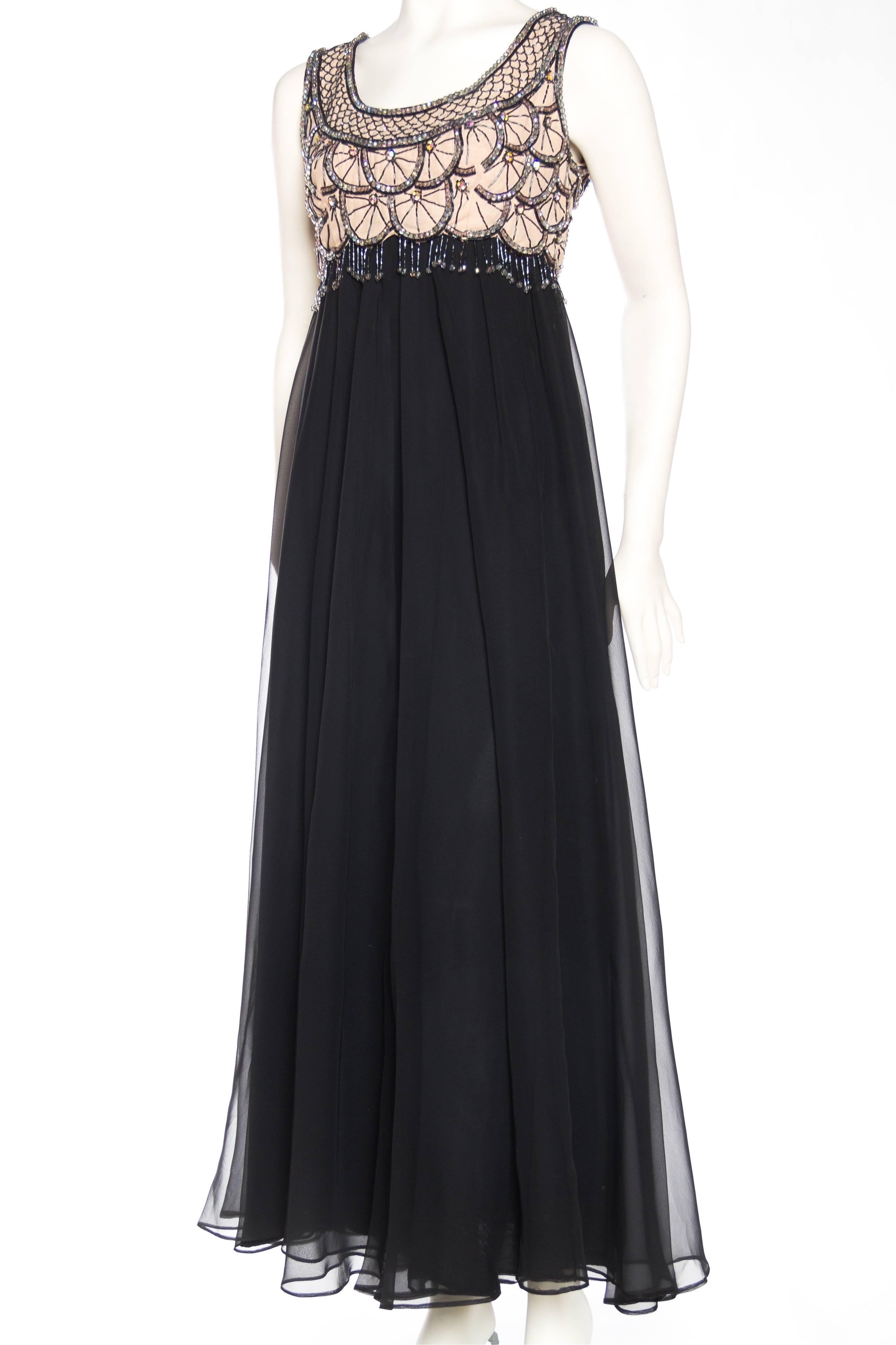 Fully lined in rayon 1960S Black Polyester Chiffon Crystal Beaded Gown With Fringe 