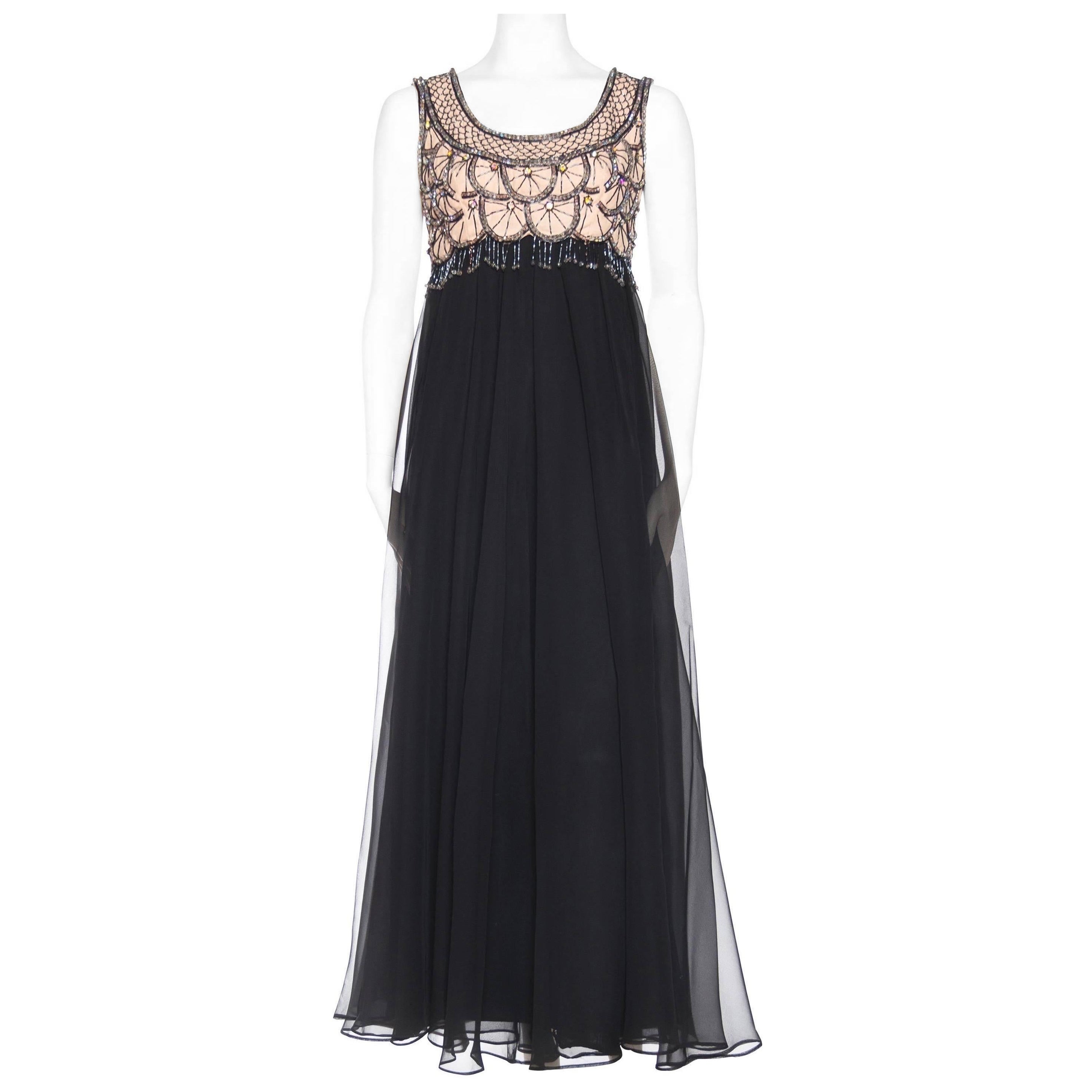 Abito anni '60 in chiffon di poliestere nero con cristalli e perline e frange