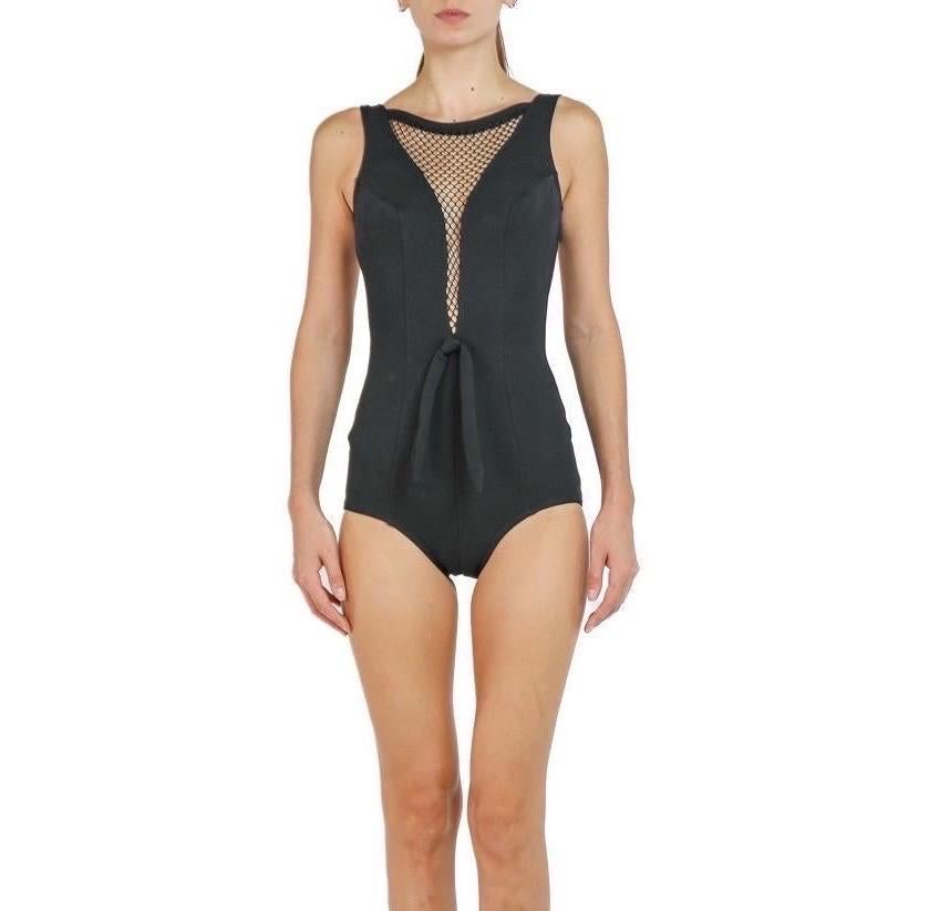 Brown 1960S Black Polyester Stretch Bond Girl Swimsuit With Fish Net At Neck For Sale