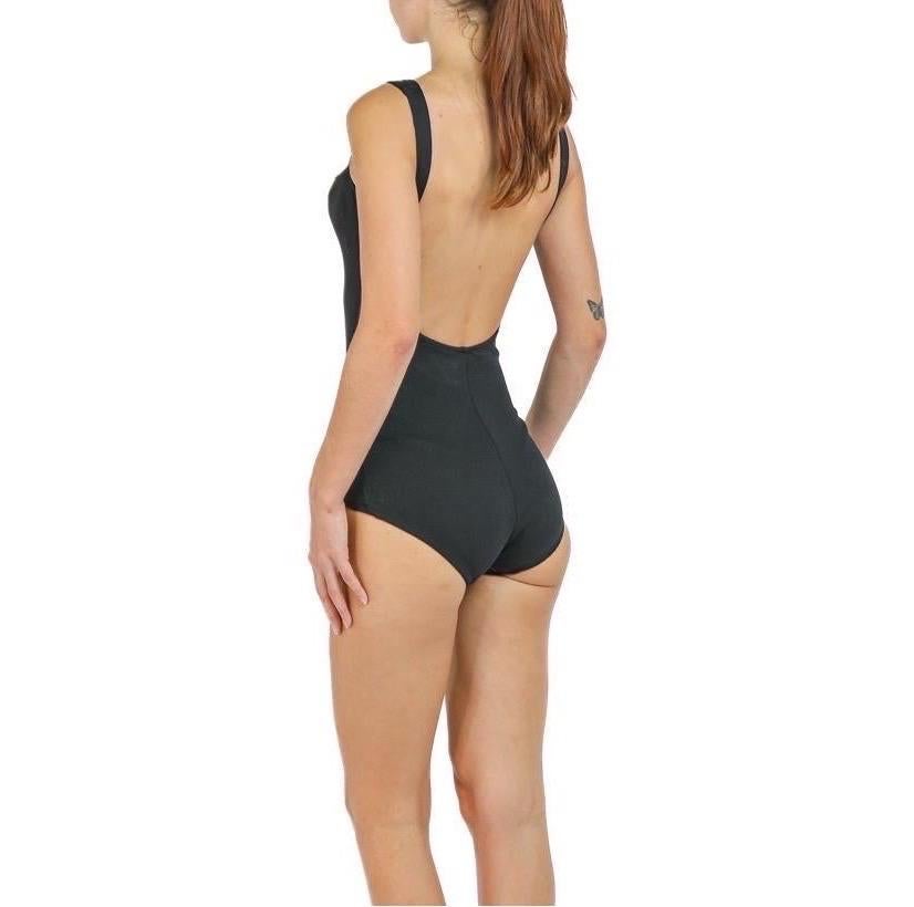 1960S Black Polyester Stretch Bond Girl Swimsuit With Fish Net At Neck For Sale 1