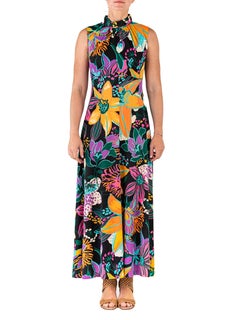 1960S Black Psychedelic Floral Print Polyester Sleeveless Dress