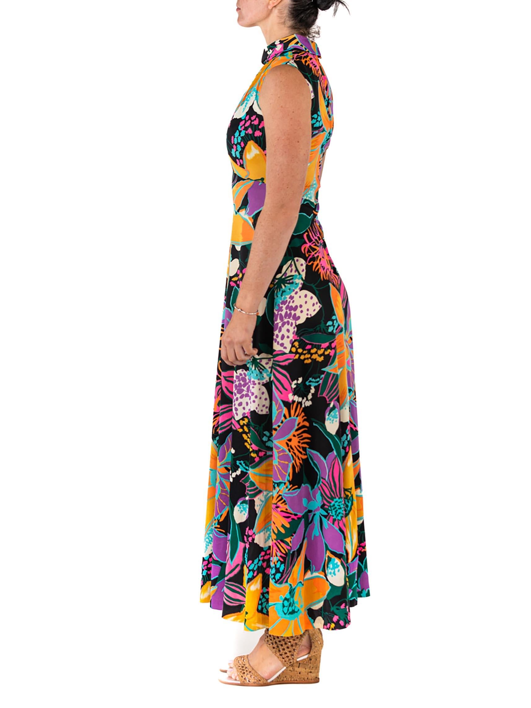 Women's 1960S Black Psychedelic Floral Print Polyester Sleeveless Dress For Sale