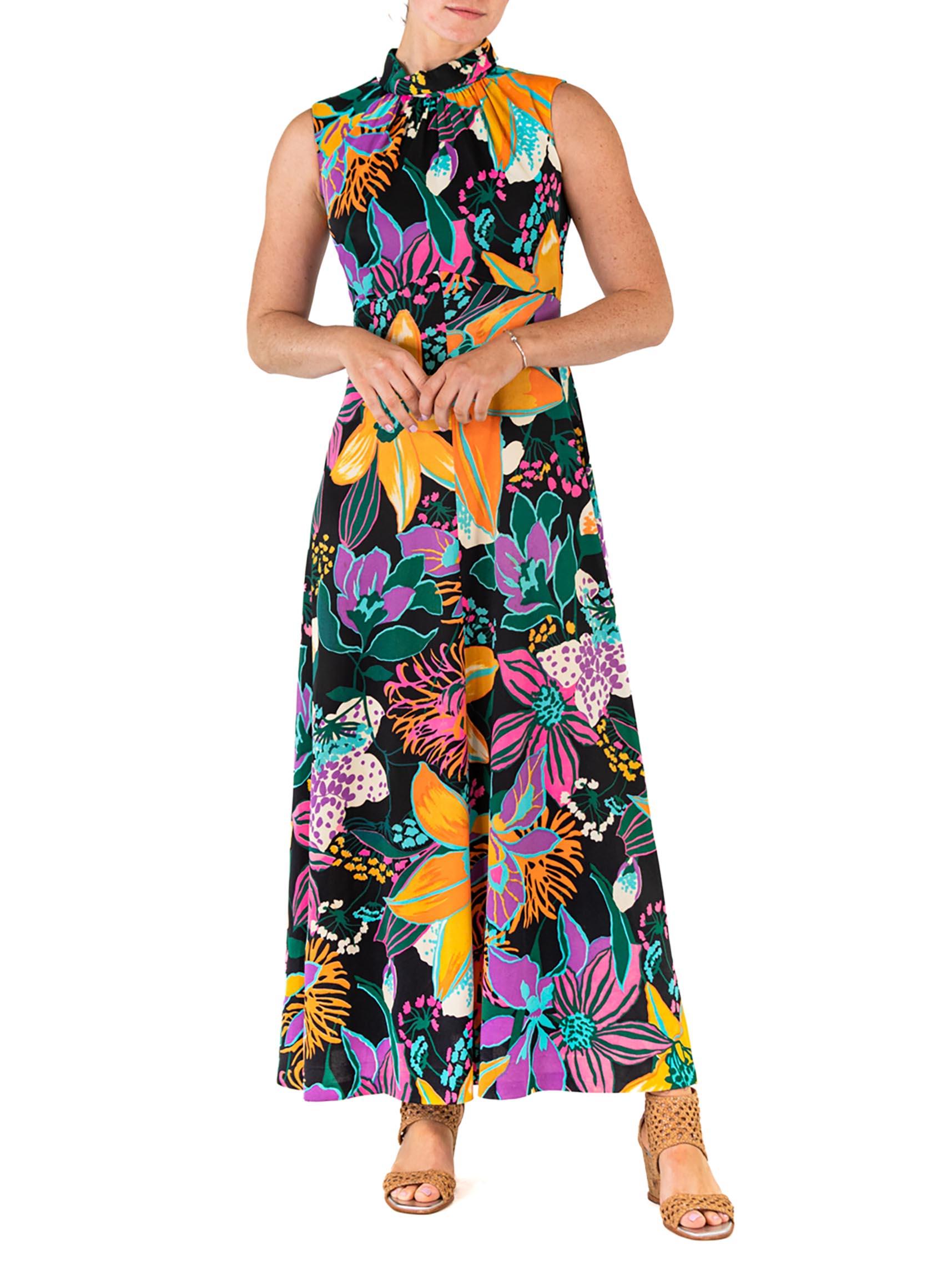 1960S Black Psychedelic Floral Print Polyester Sleeveless Dress For Sale 2