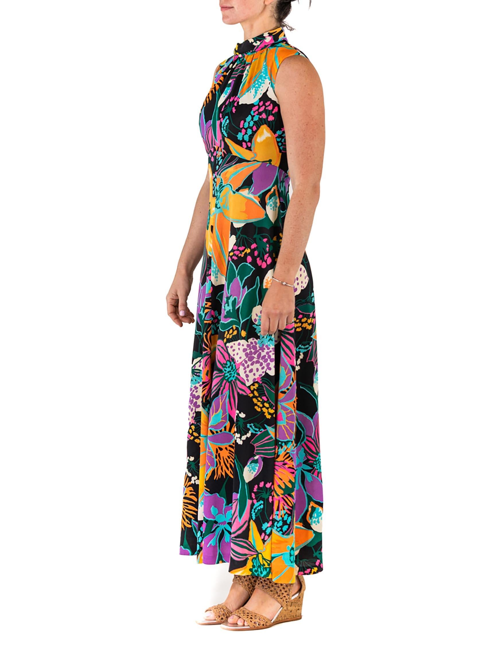 1960S Black Psychedelic Floral Print Polyester Sleeveless Dress For Sale 3