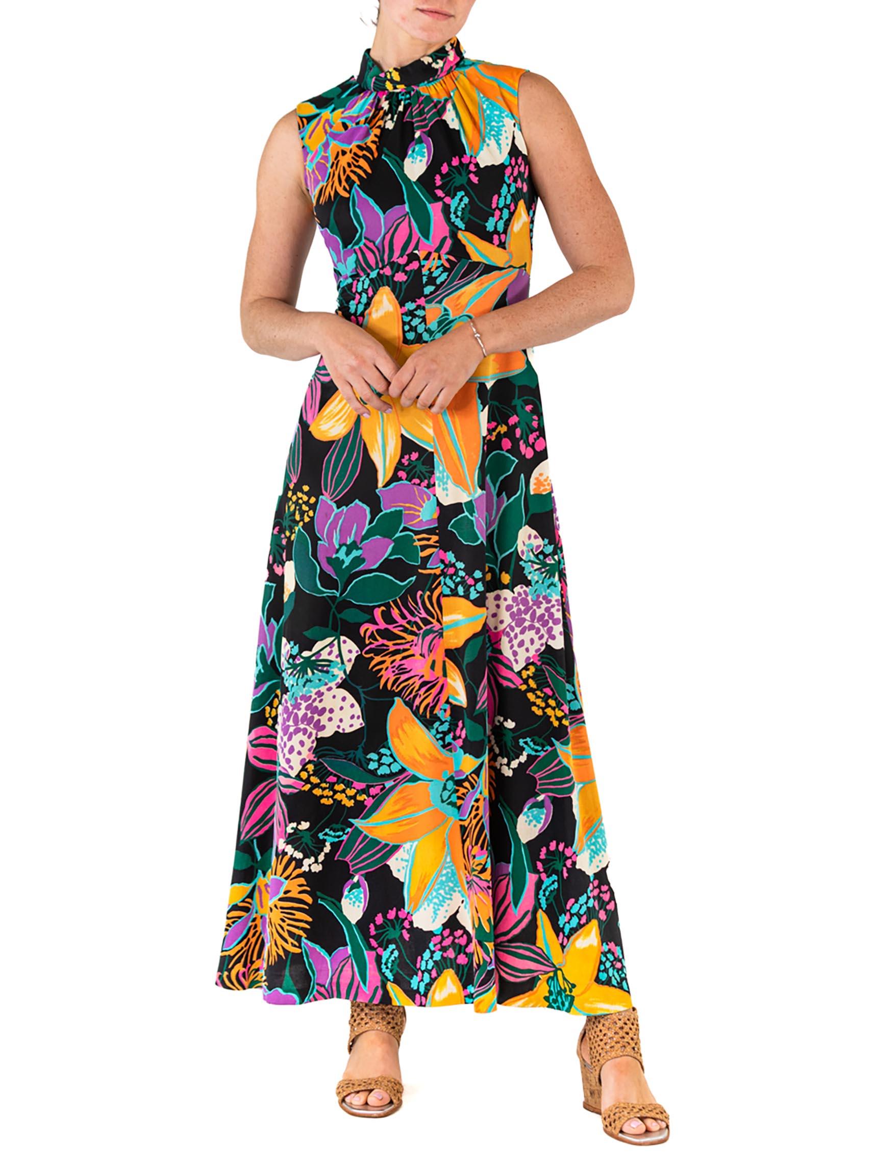 1960S Black Psychedelic Floral Print Polyester Sleeveless Dress For Sale 6