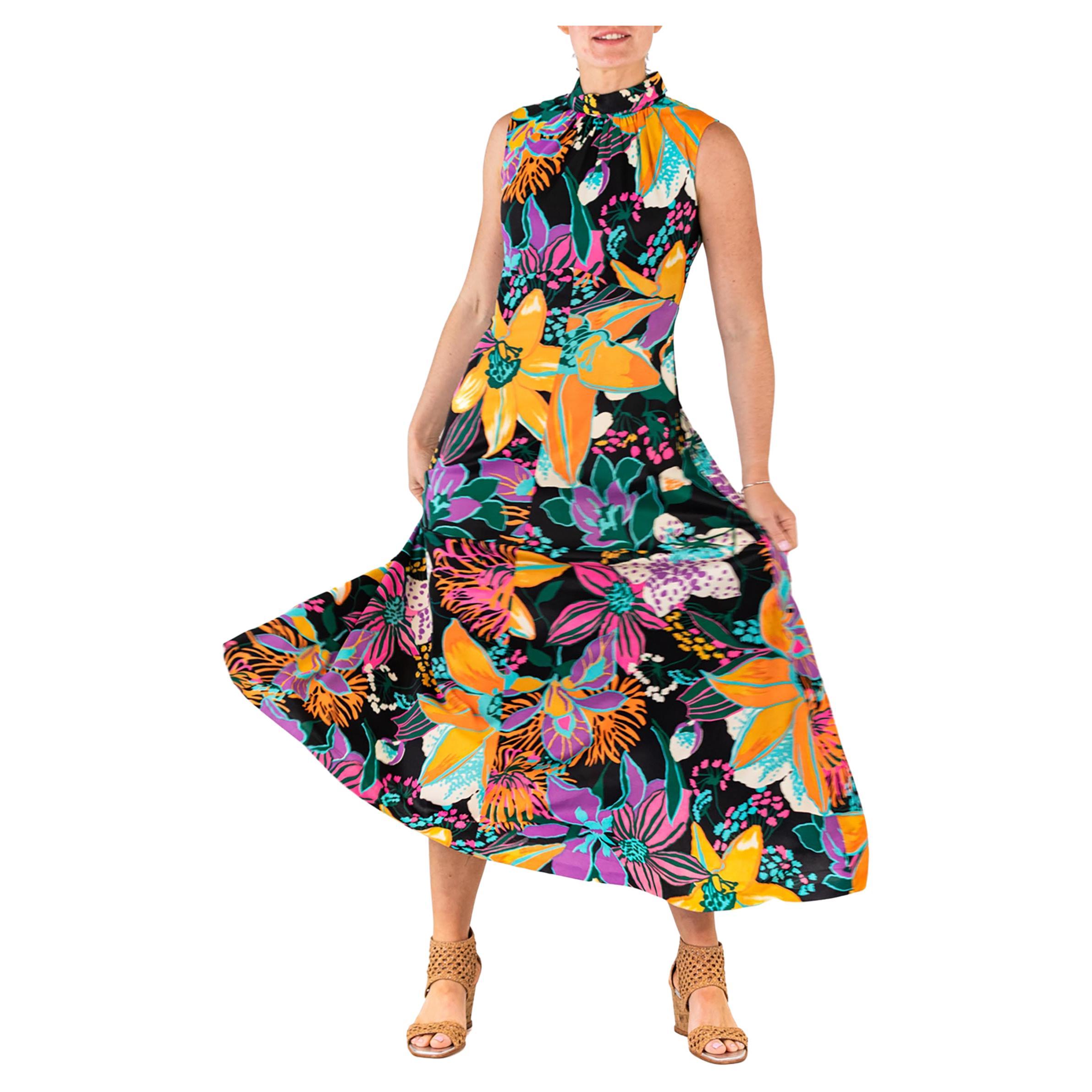 1960S Black Psychedelic Floral Print Polyester Sleeveless Dress For Sale