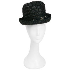 1960s Black Raffia Hat w/ Vinyl Bow