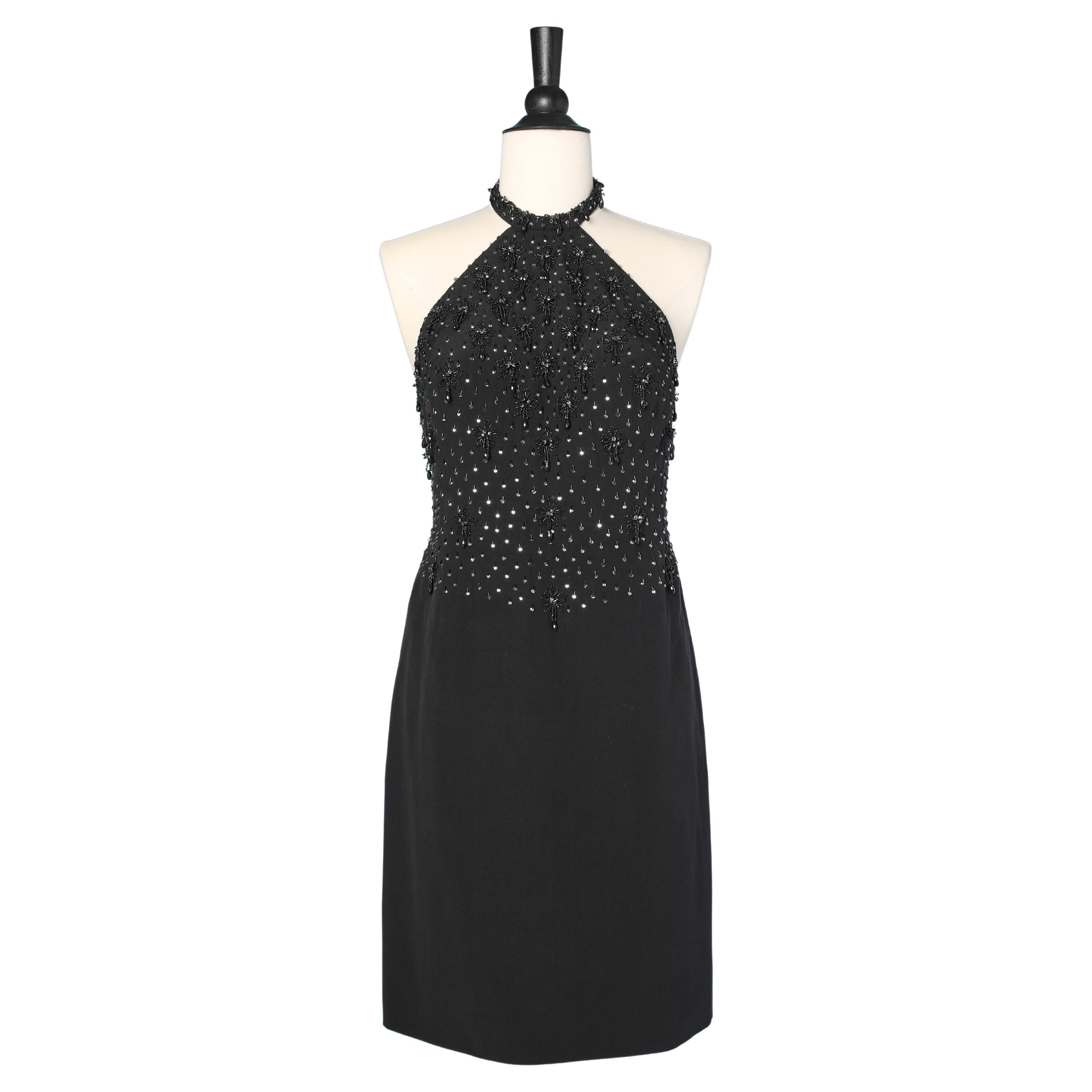 1960's black rayon cocktail dress with beaded work on the bust For Sale