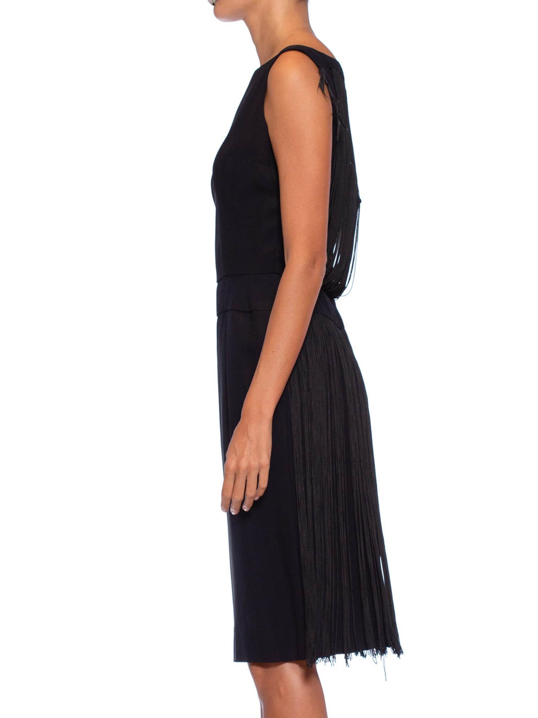 Women's 1960S Black Rayon Crepe LBD Cocktail Dress With Draped Long Fringe Back For Sale