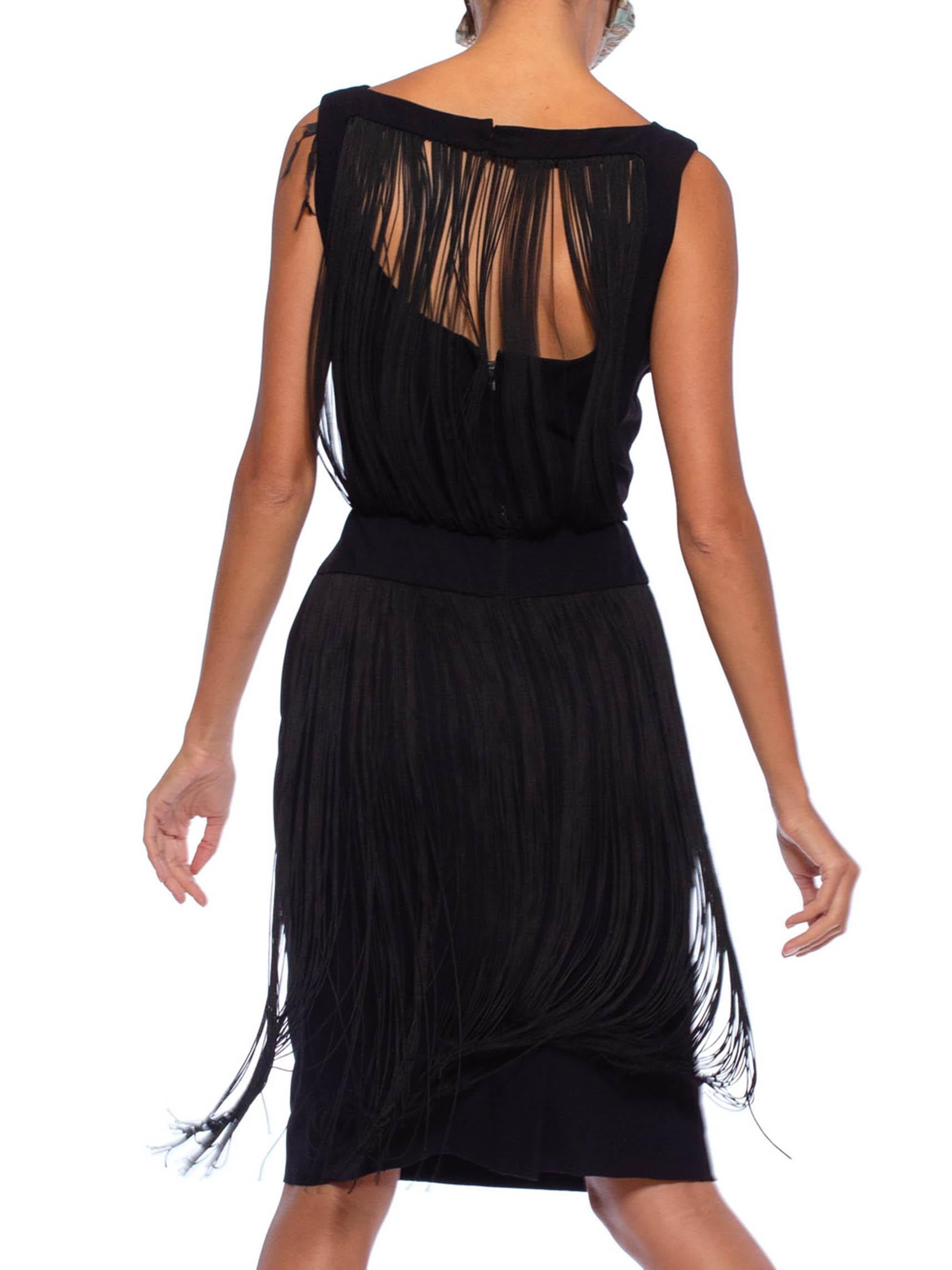 1960S Black Rayon Crepe LBD Cocktail Dress With Draped Long Fringe Back For Sale 2