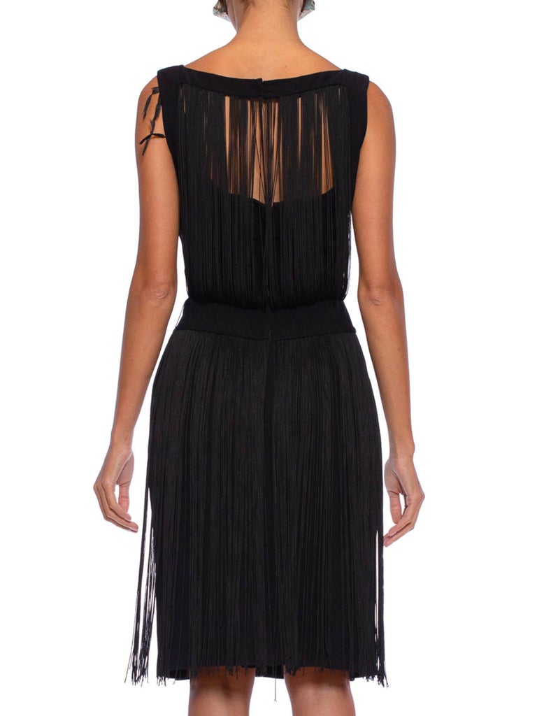 1960s Black Rayon Crepe Lbd Cocktail Dress with Draped Long Fringe Back